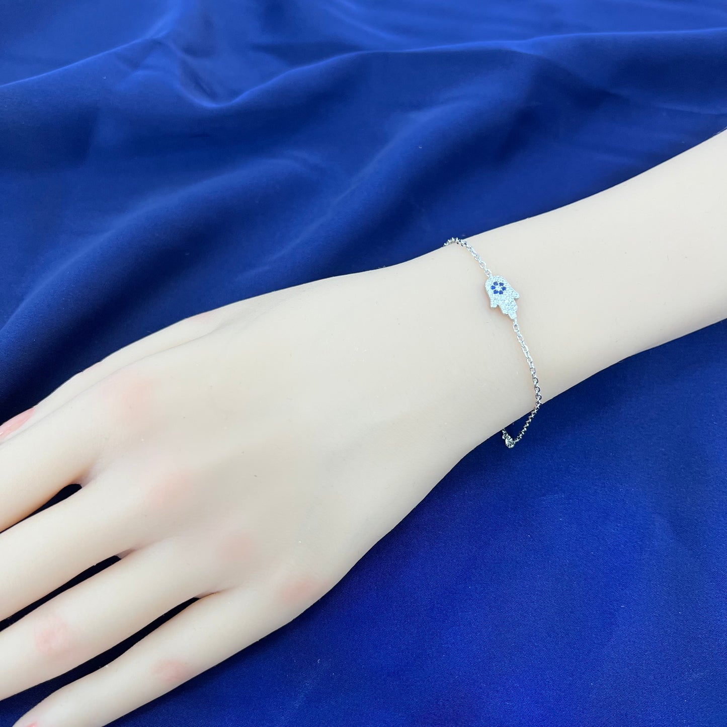 Sapphire and white zircon hamsa hand shaped evil eye silver 925 jewelry bracelet