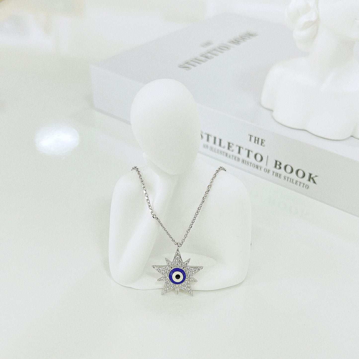 White zircon dark blue enamel star shape evil eye silver 925 necklace