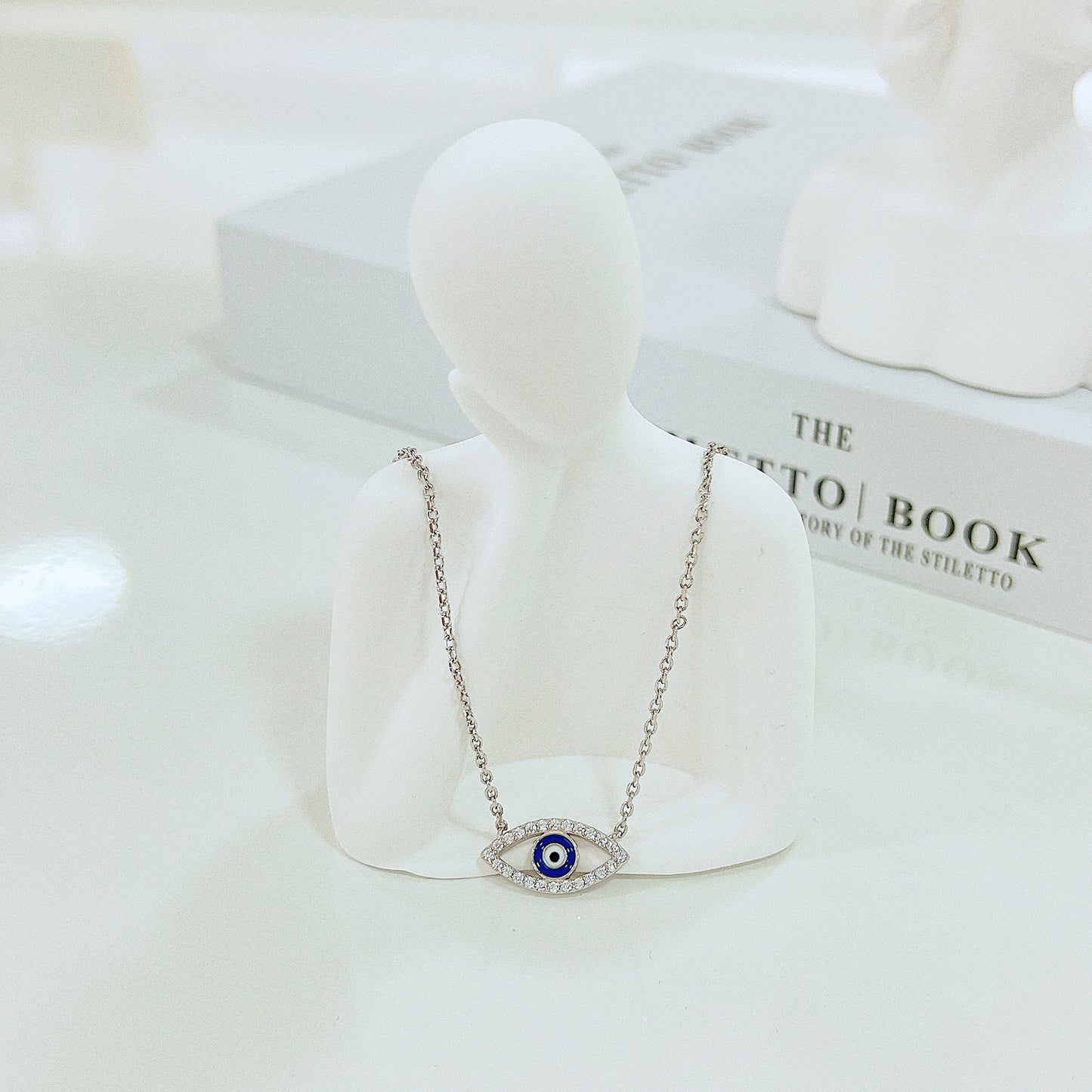 White zircon dark blue enamel marquise evil eye silver 925 necklace