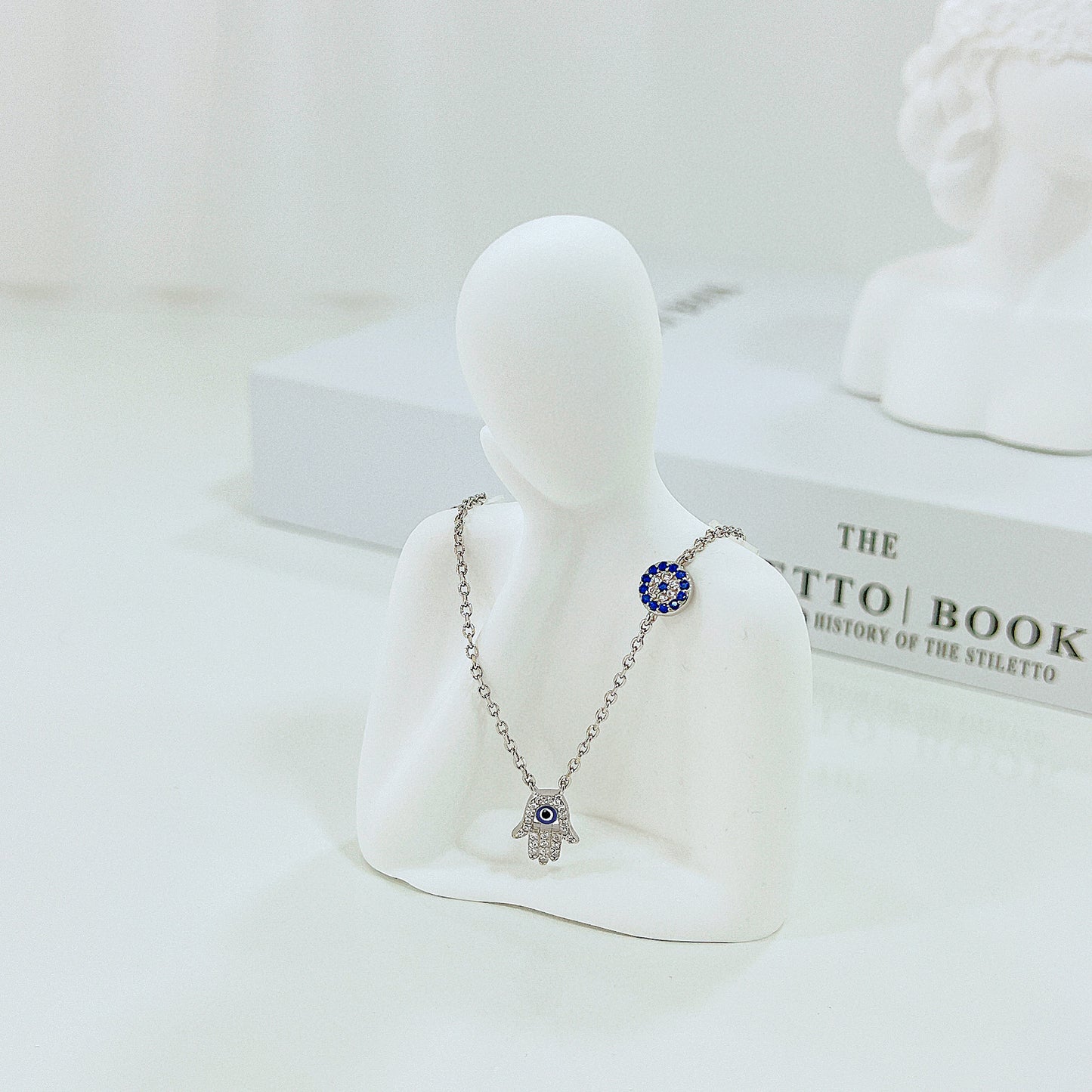 Sapphire and white zircon dark blue enamel hamsa hand with round evil eye silver 925 necklace