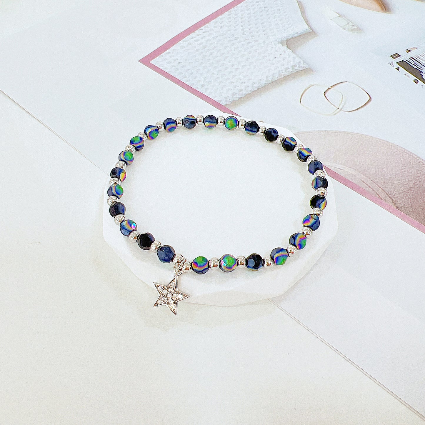 Star charm purple beads 925 silver elastic bracelet