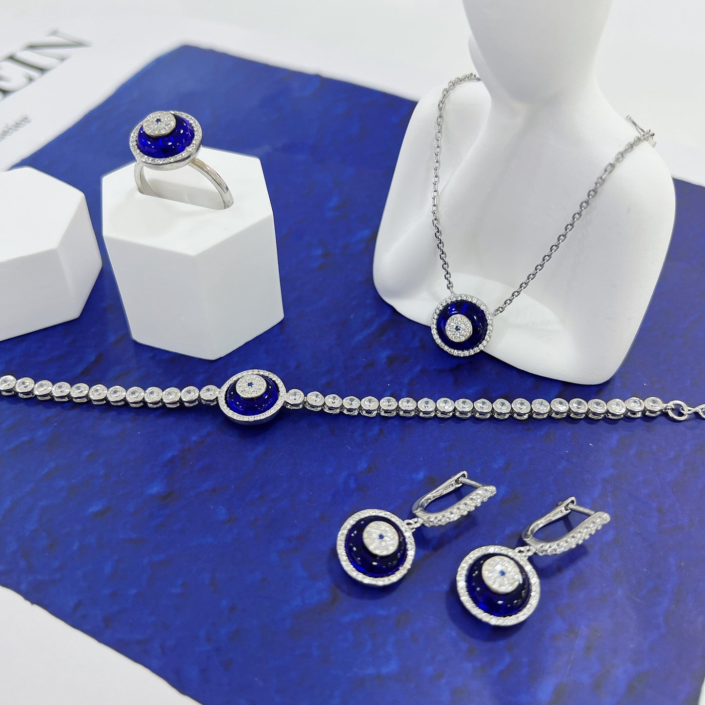 Sapphire and white zircon dark blue ring round evil eye silver 925 jewelry necklace ring earrings set