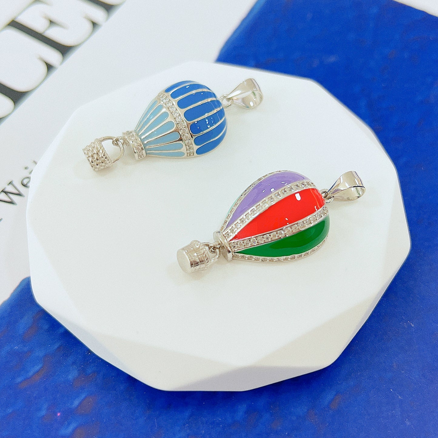 Multicolor enamel white zircon air balloon silver 925 pendant