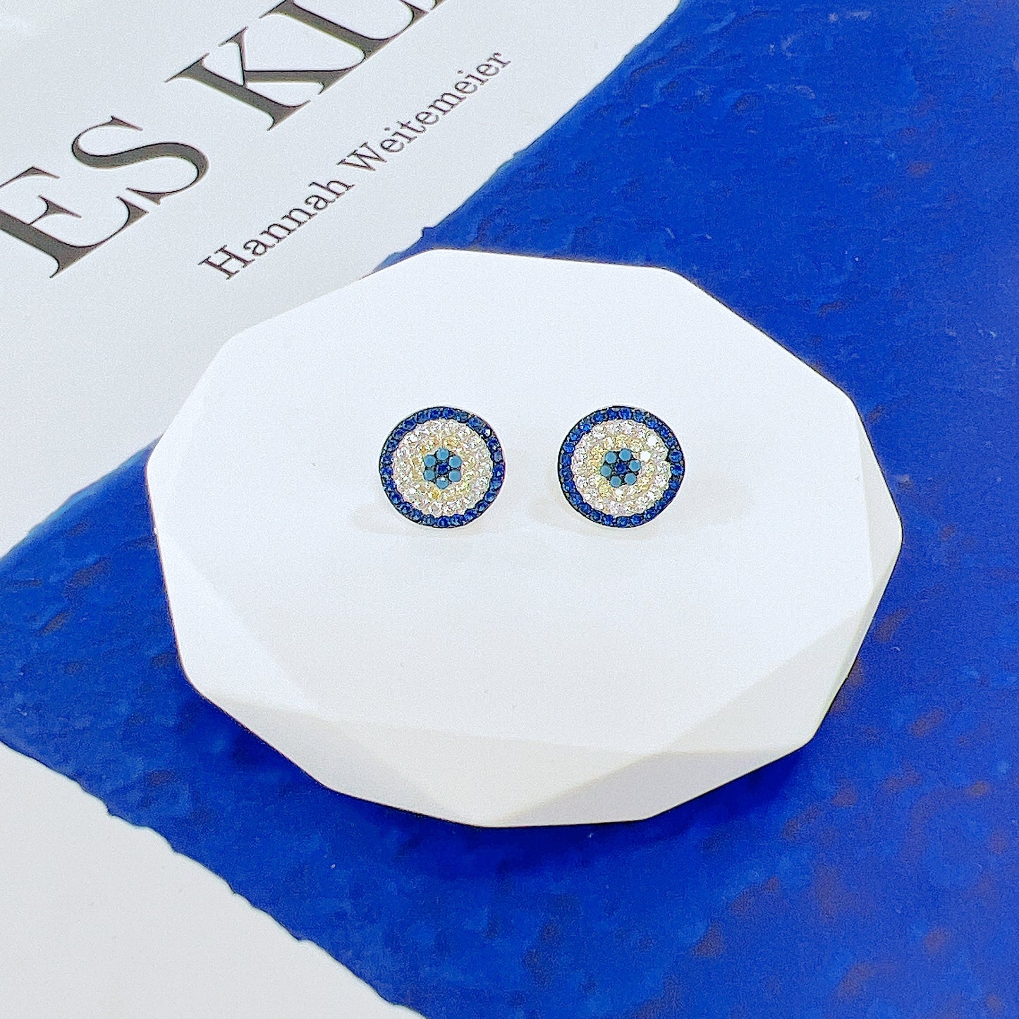 Sapphire yellow turquoise and white zircon round evil eye silver 925 earrings