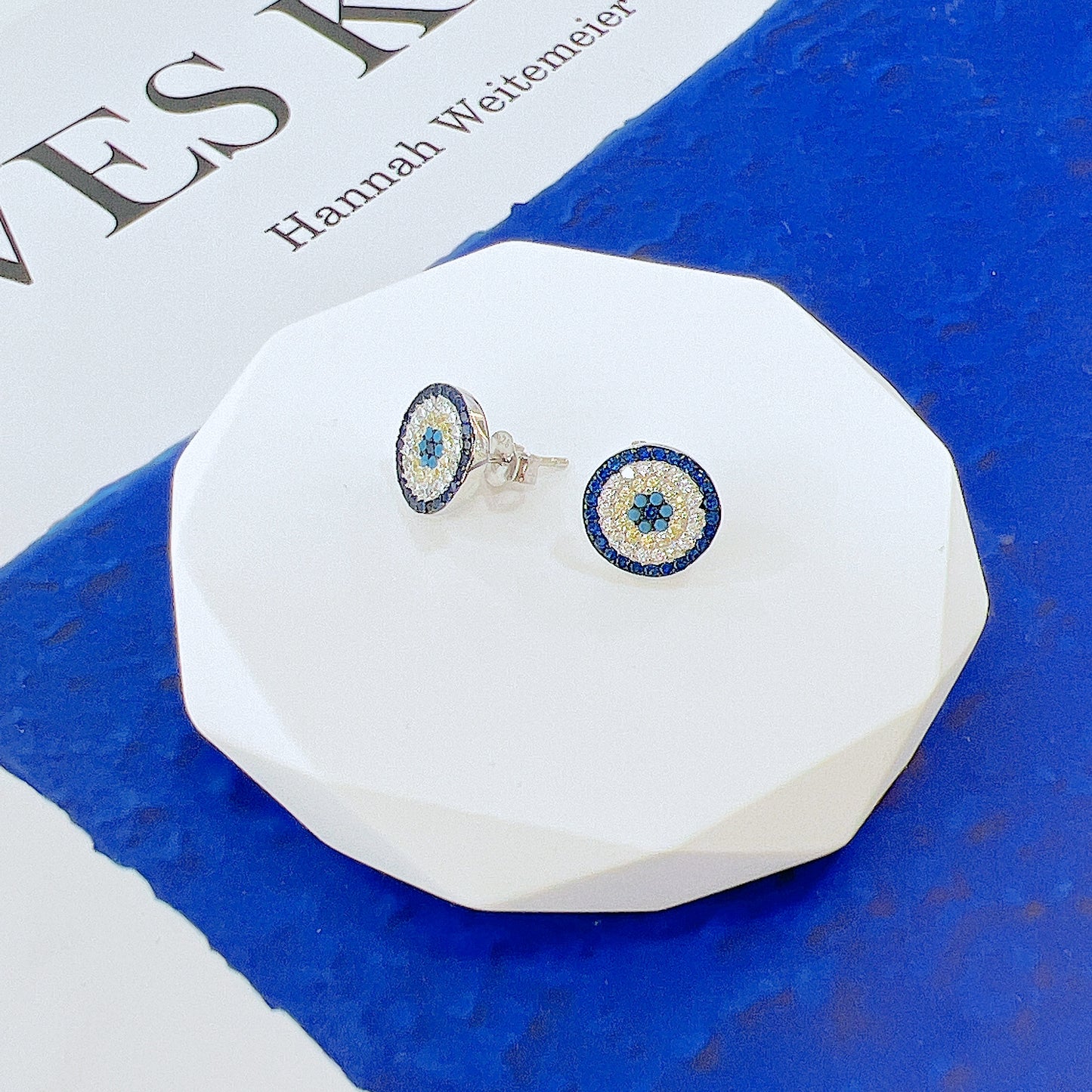 Sapphire yellow turquoise and white zircon round evil eye silver 925 earrings