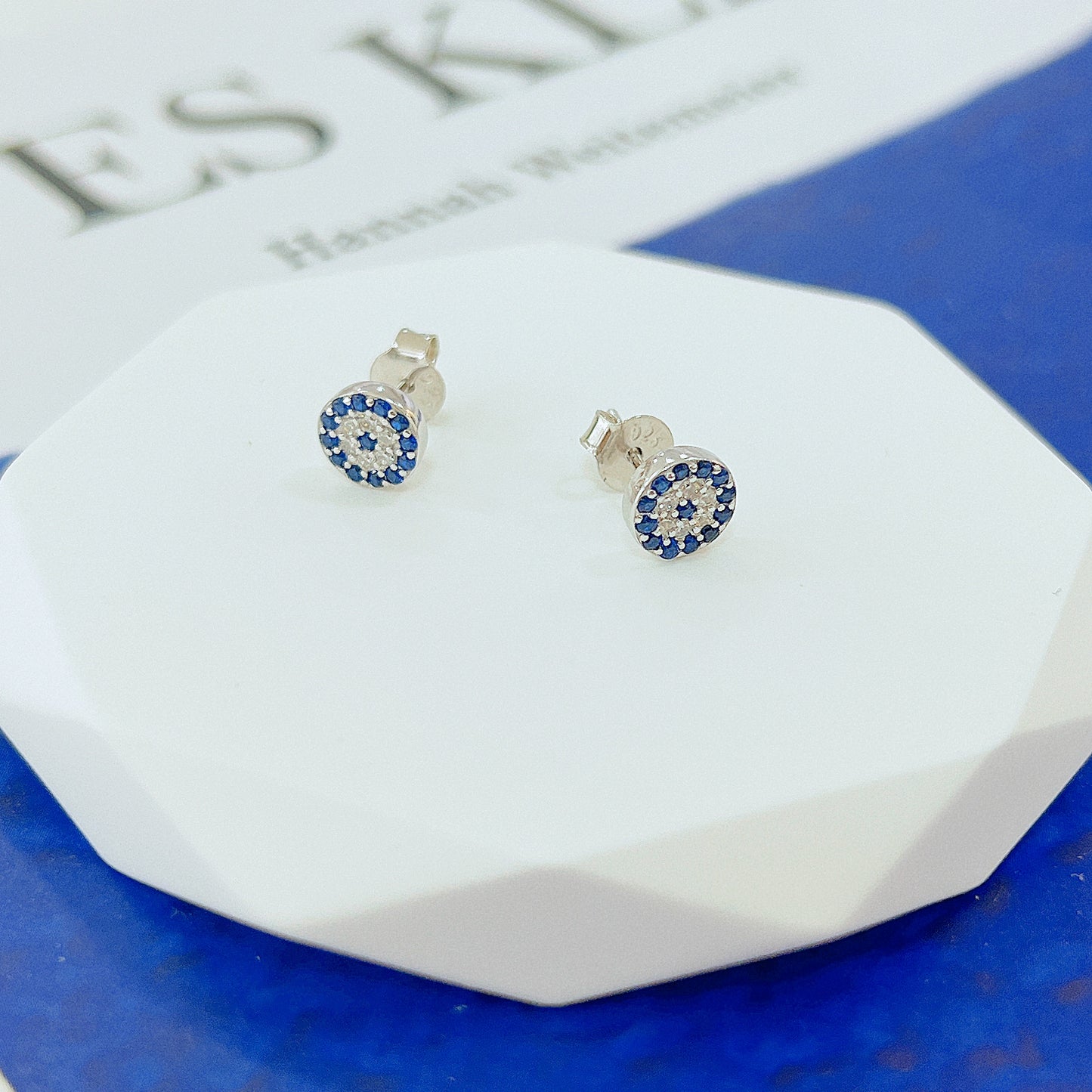 Silver House Sapphire and white zircon 7mm round evil eye silver 925 earrings