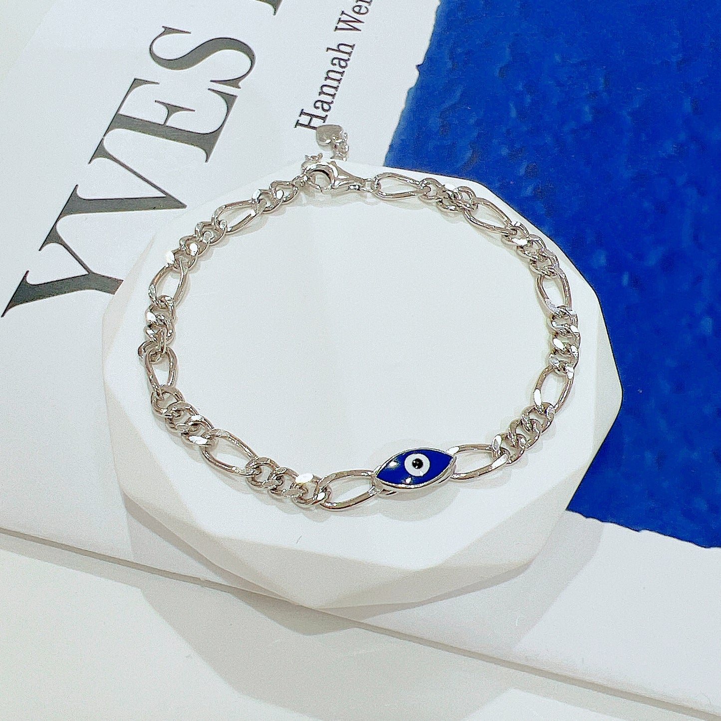 Dark blue enamel evil eye Cuba chain silver 925 bracelet