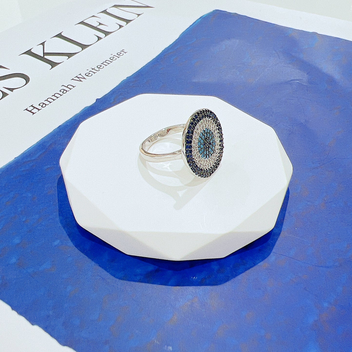 Multicolored zircon round evil eye silver 925 ring