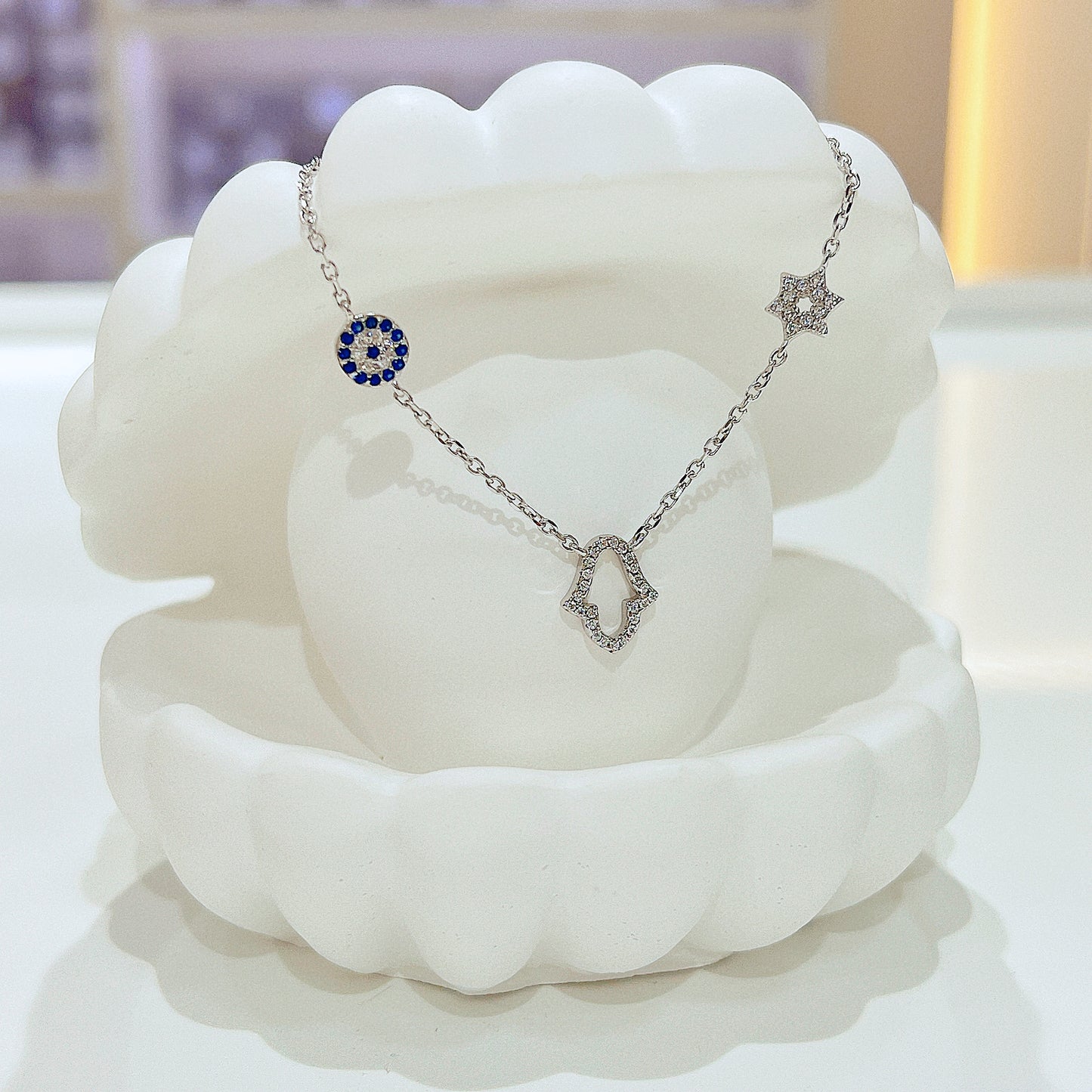 Sapphire and white zircon hamsa round evil eye and david star silver 925 necklace