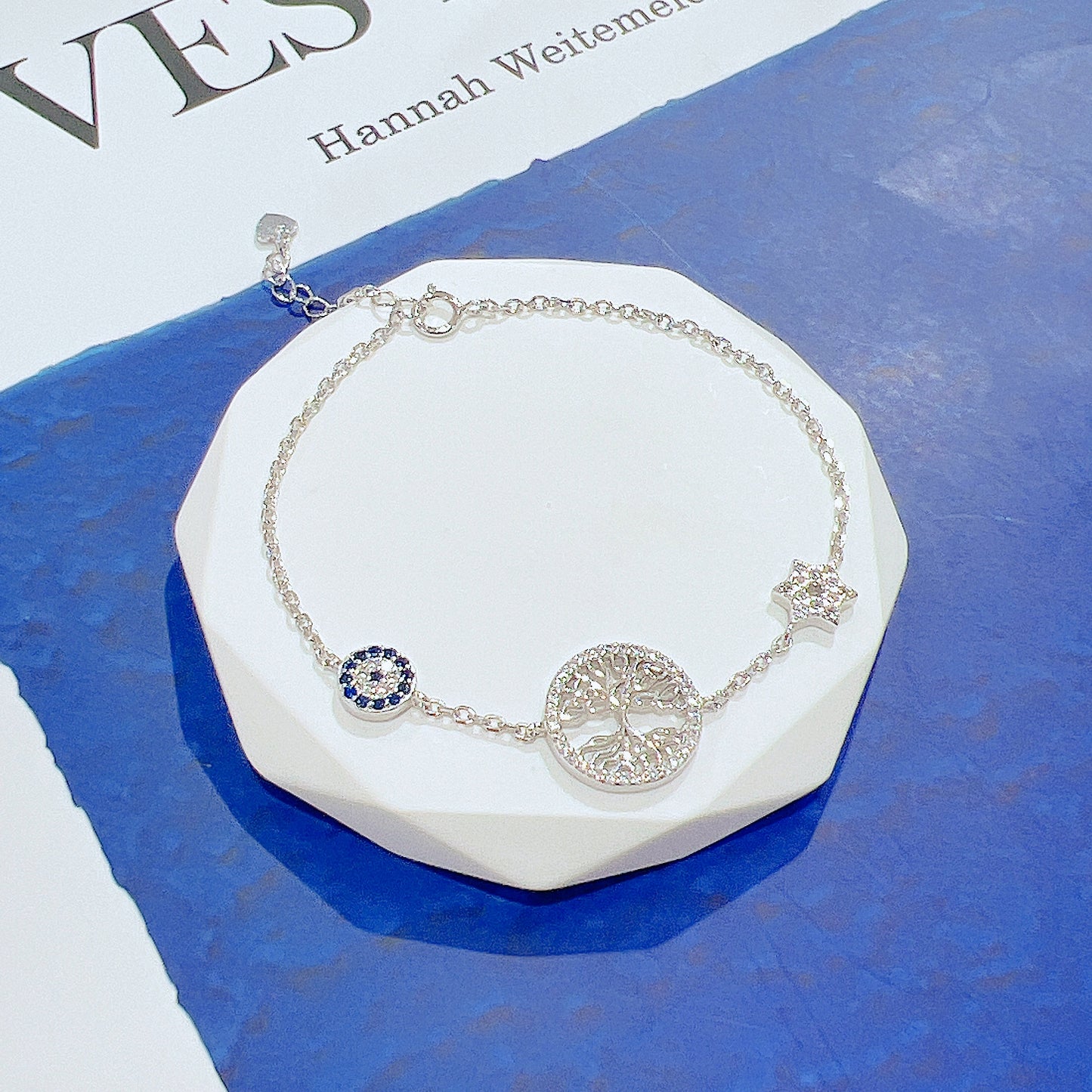 Sapphire and white zircon tree of life round evil eye david star silver 925 bracelet