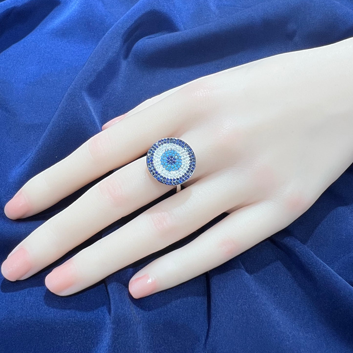 Multicolored zircon round evil eye silver 925 ring