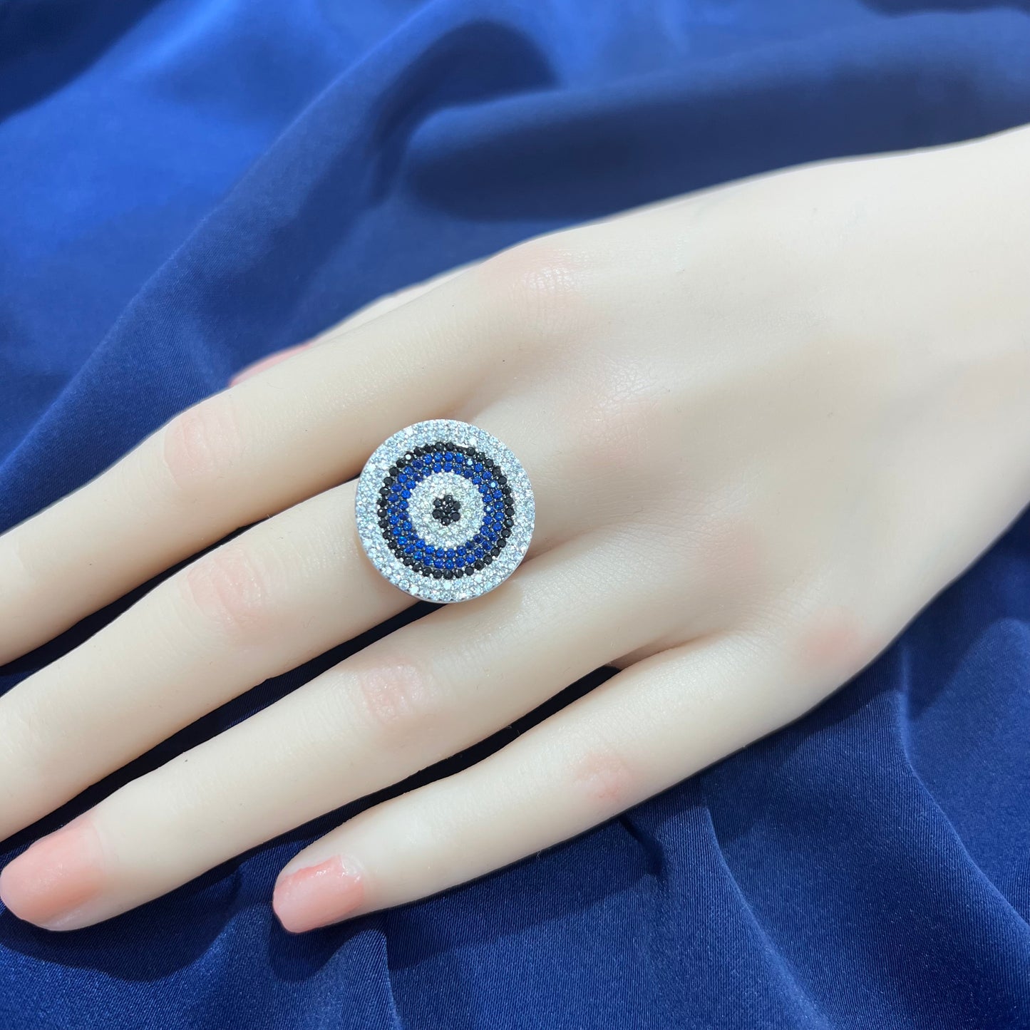 Multicolored zircon round evil eye silver 925 ring