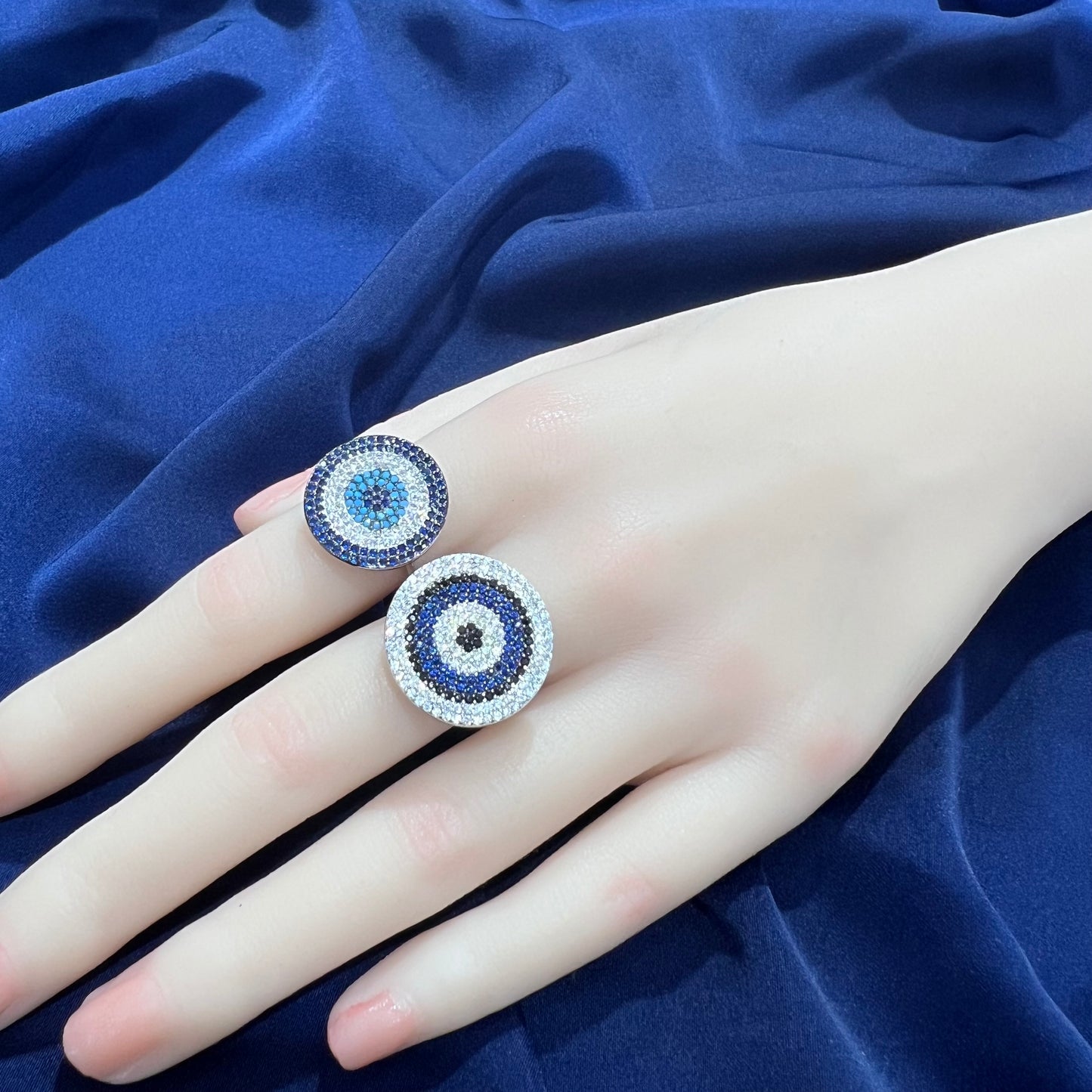 Multicolored zircon round evil eye silver 925 ring