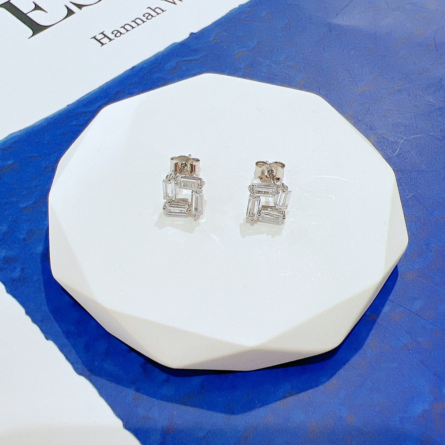 White zircon baguette squre shaped silver 925 earrings