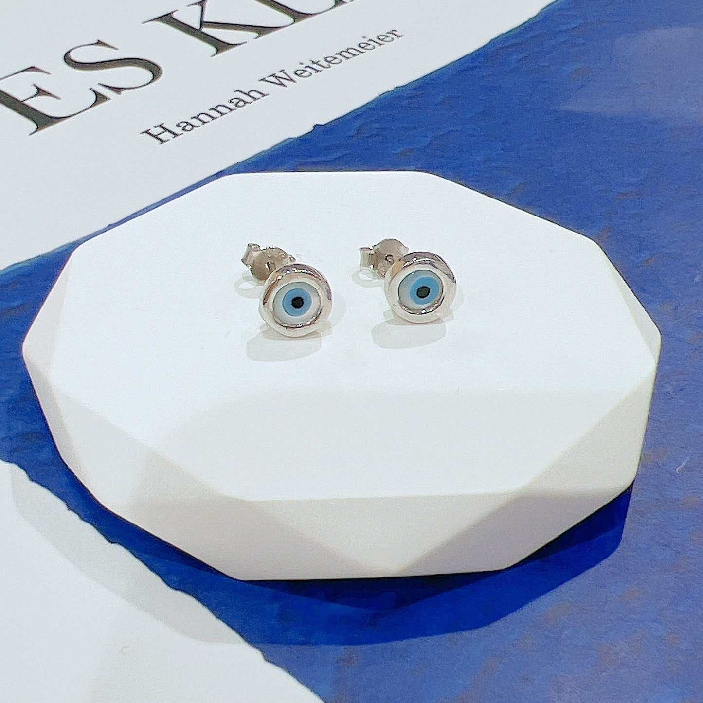 Mop shell round shape evil eye silver 925 earrings