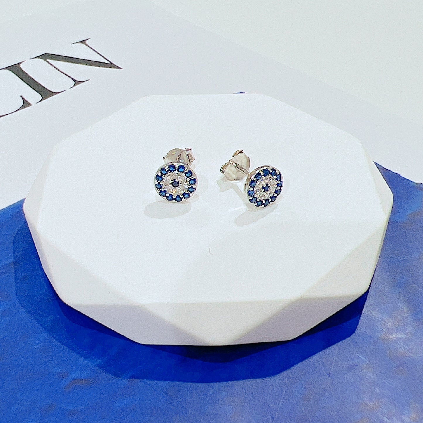 Sapphire and white zircon 8mm round shape evil eye silver 925 earrings