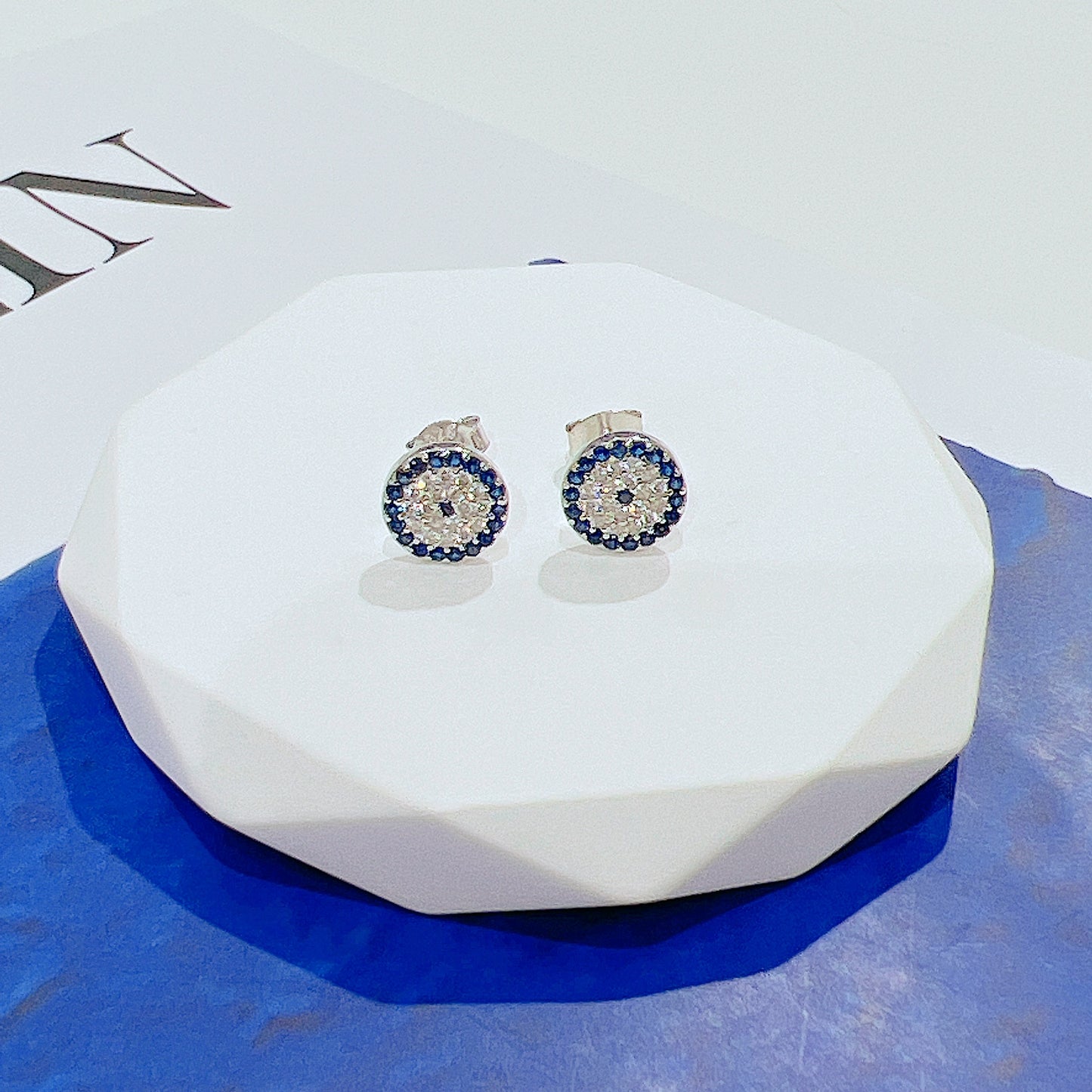 Sapphire and white zircon 9mm round shape evil eye silver 925 earrings