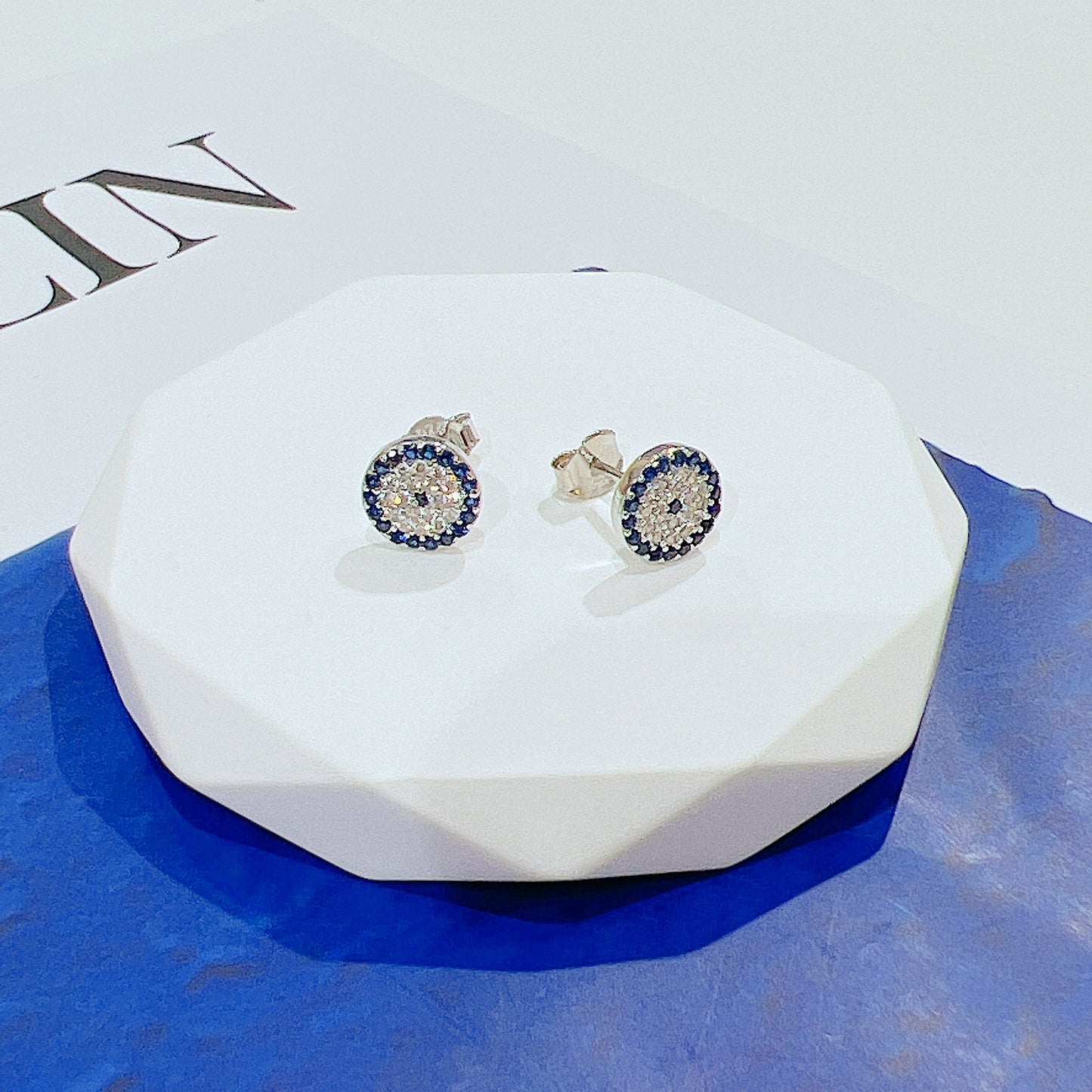 Sapphire and white zircon 9mm round shape evil eye silver 925 earrings