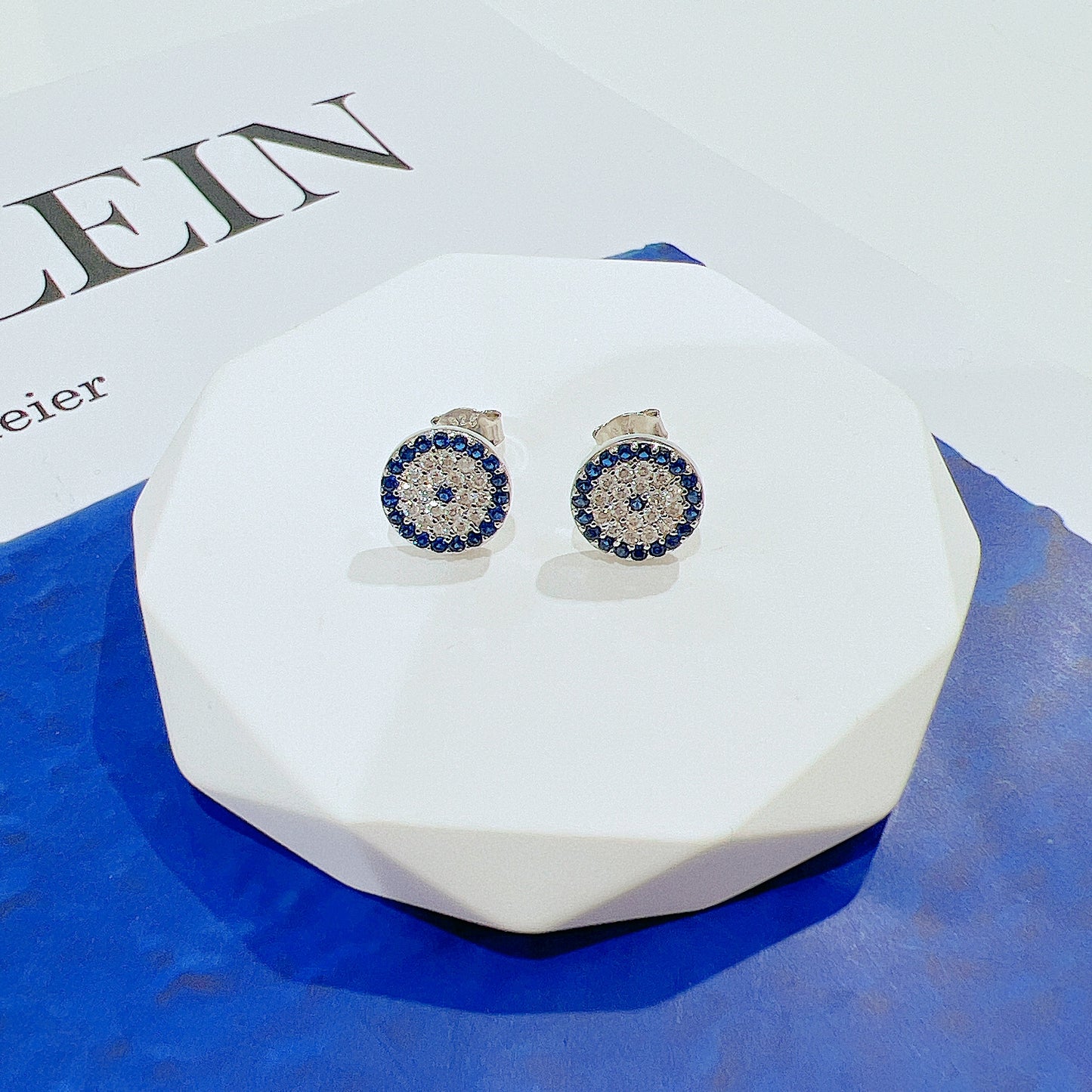 Sapphire and white zircon 10mm round shape evil eye silver 925 earrings