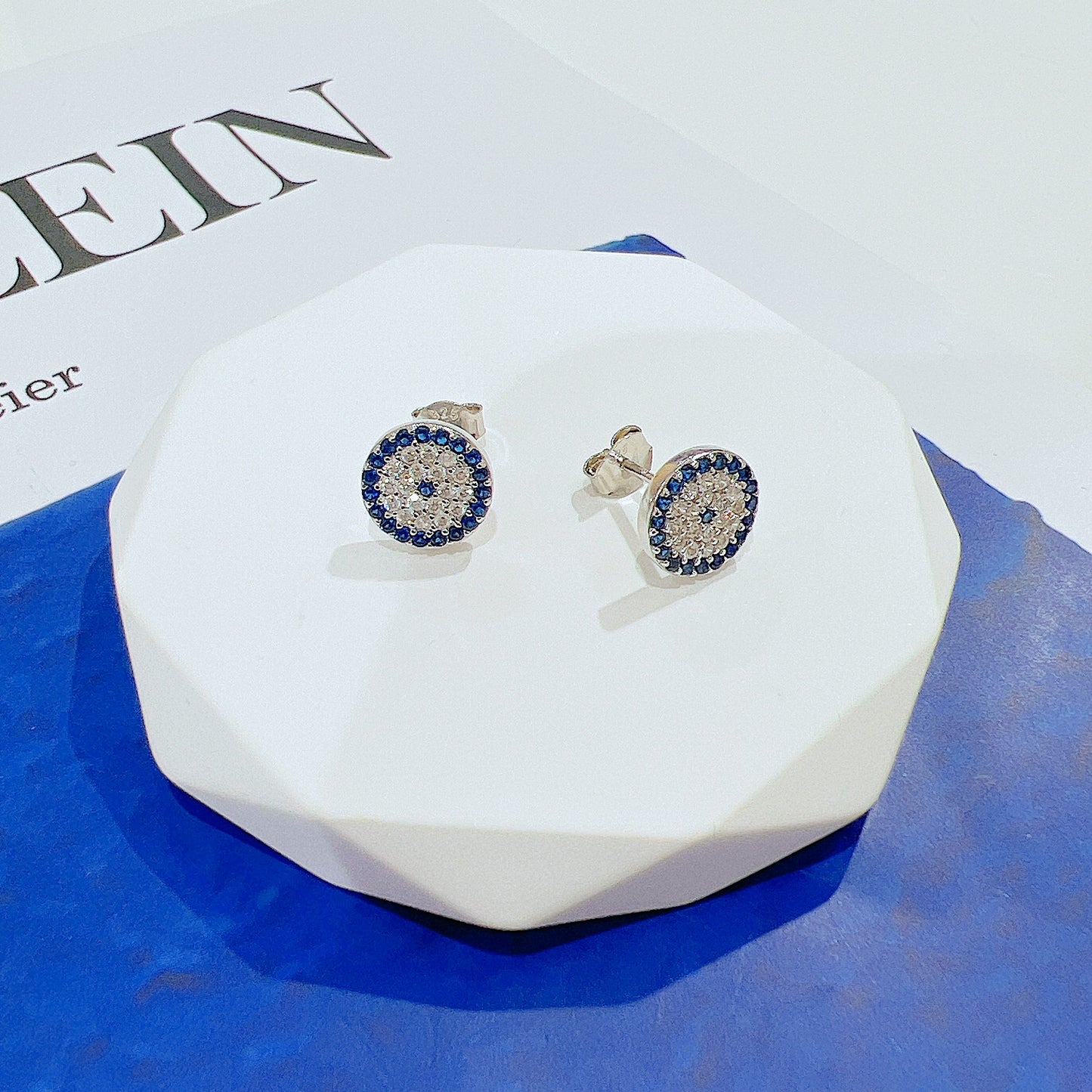 Sapphire and white zircon 10mm round shape evil eye silver 925 earrings