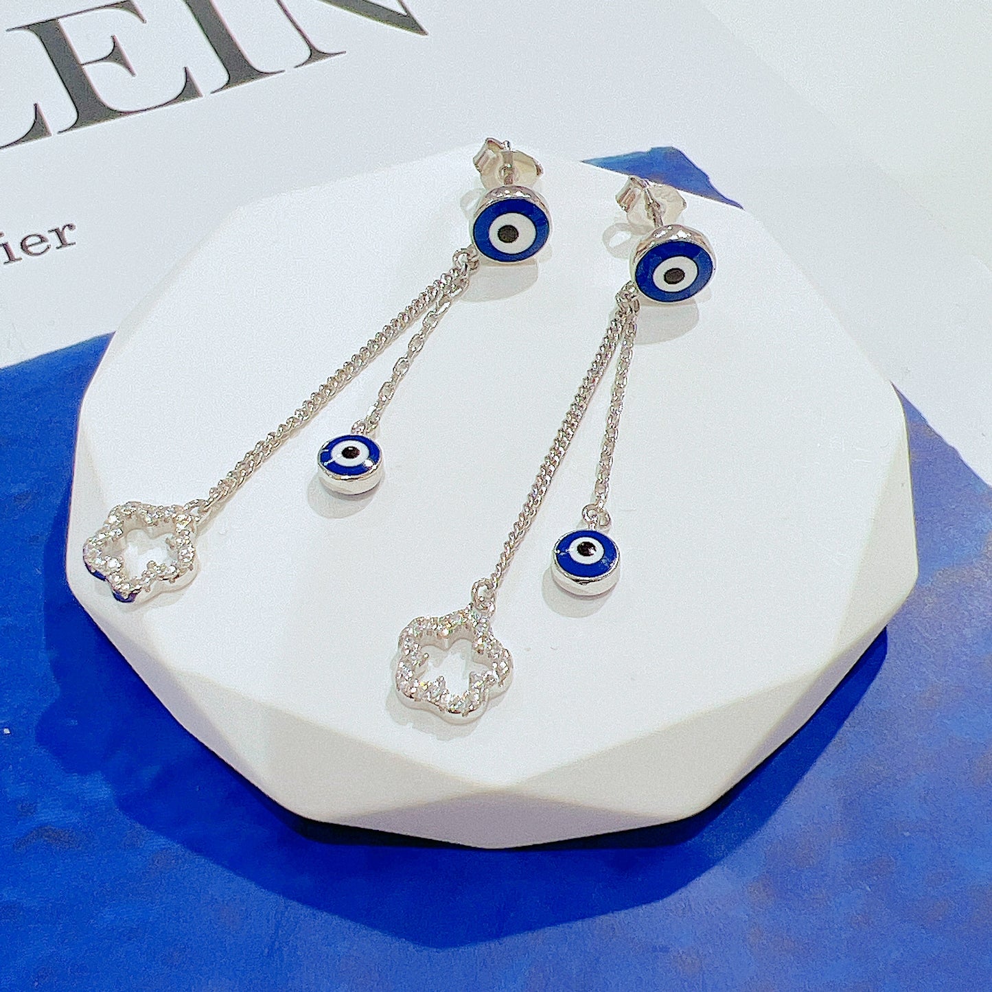 Dark blue enamel white zircon  evil eye silver 925 earrings