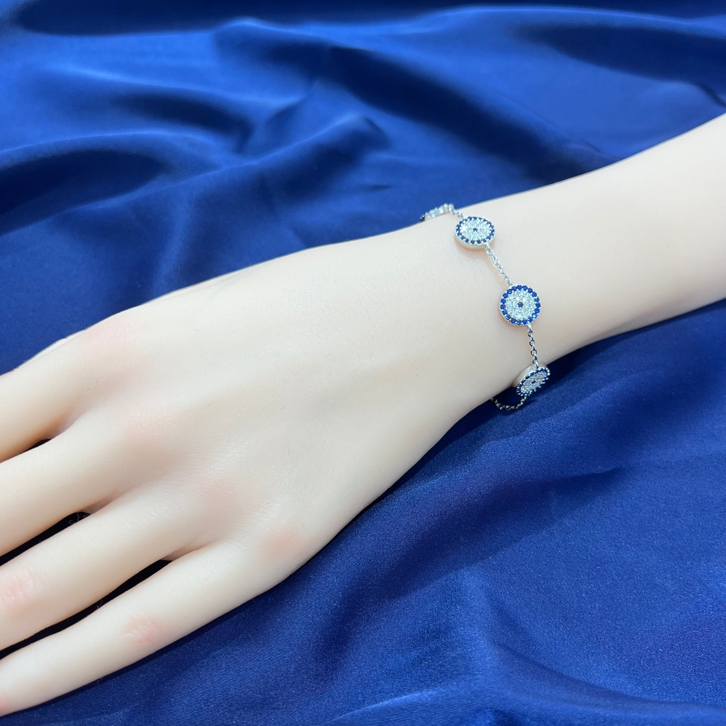 Sapphire and white zircon 10mm round shape 5 evil eyes silver 925 bracelet