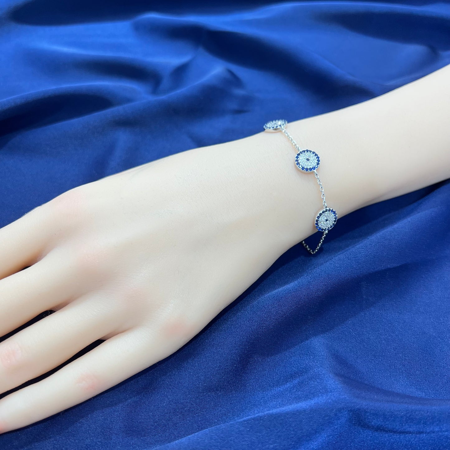 Sapphire and white zircon 10mm round shape 3 evil eyes silver 925 bracelet