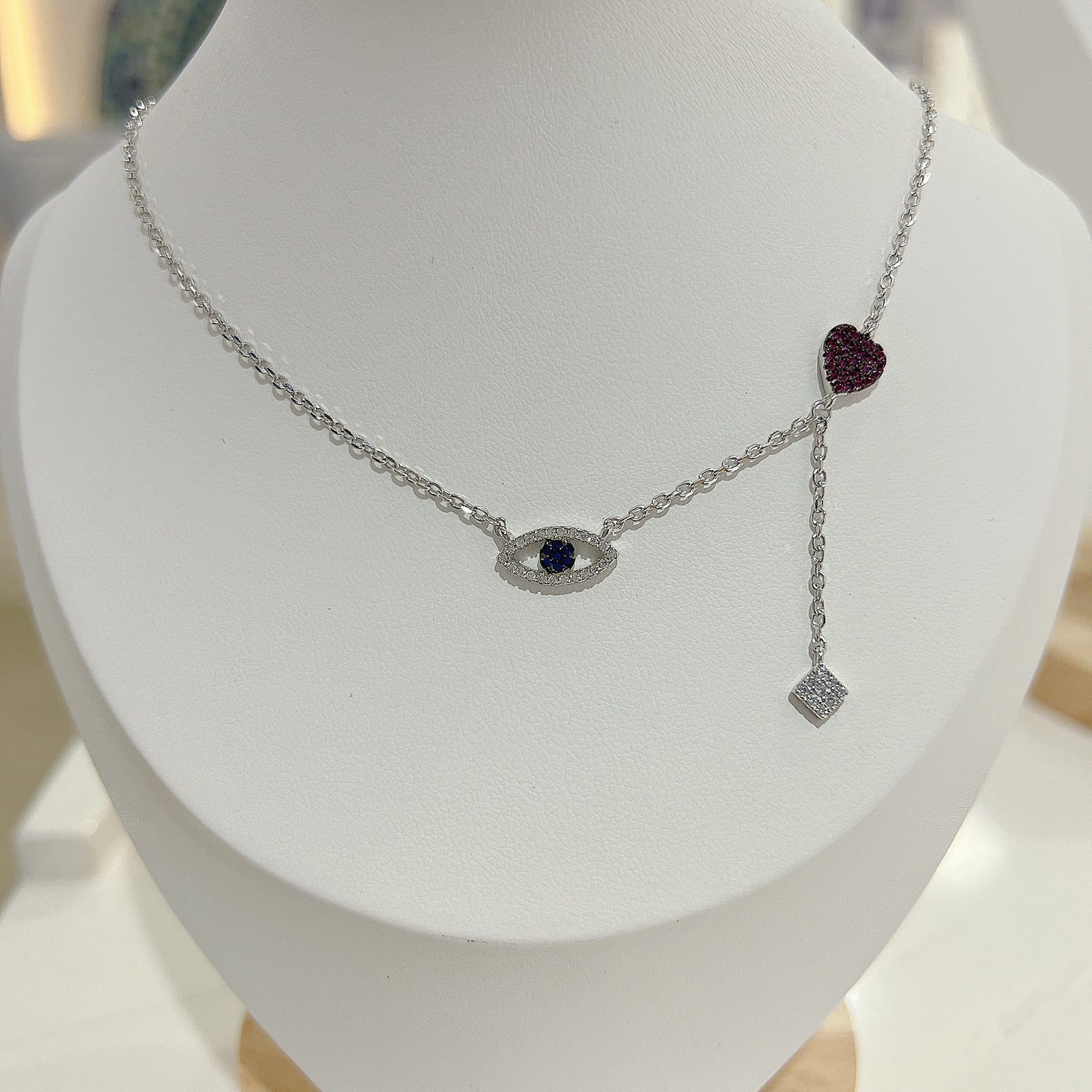 White and ruby and sapphire zircon  silver 925  necklace