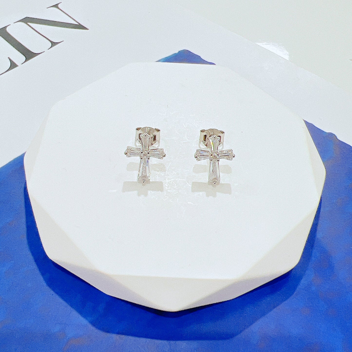 White zircon cross religion silver 925 earrings