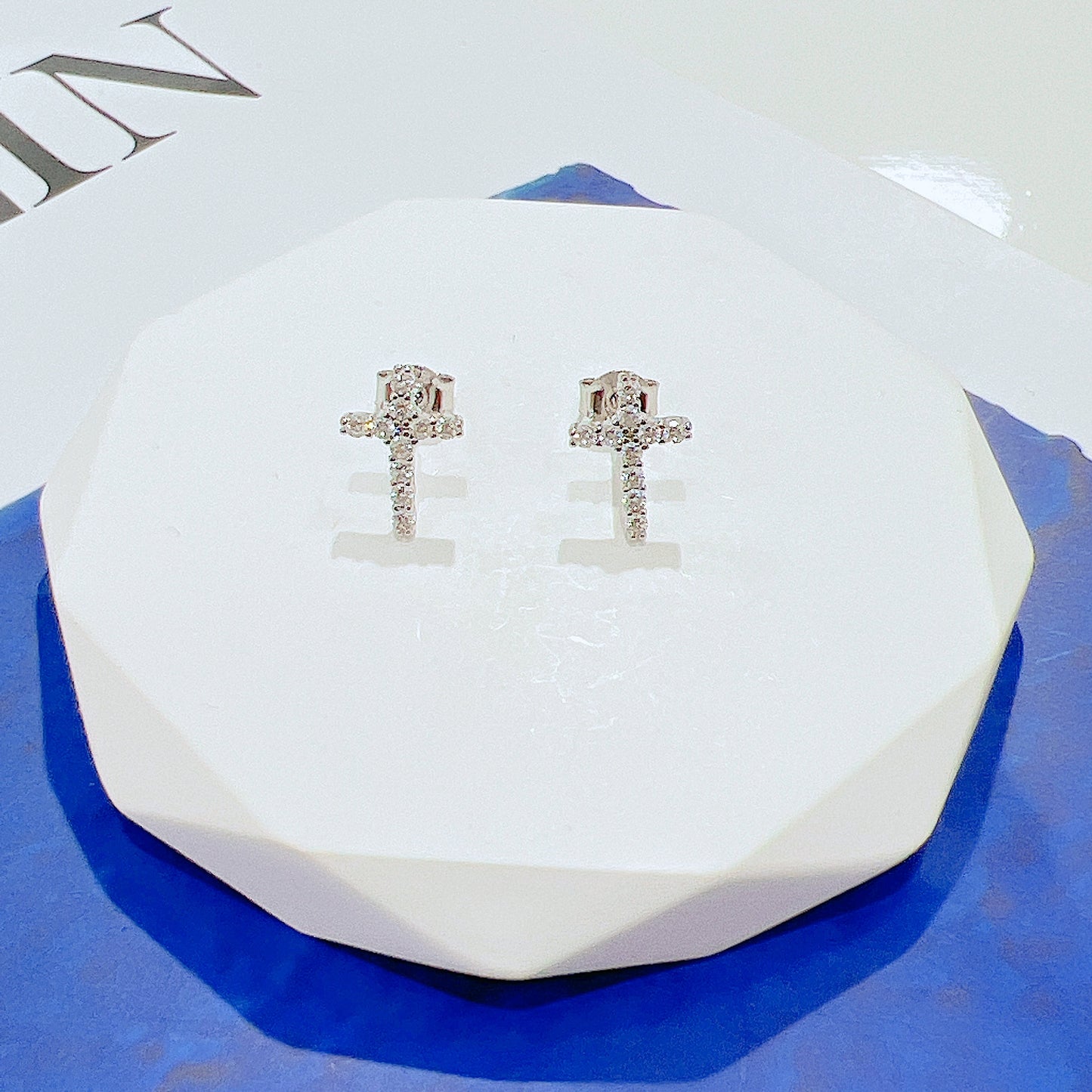 White zircon cross religion silver 925 earrings