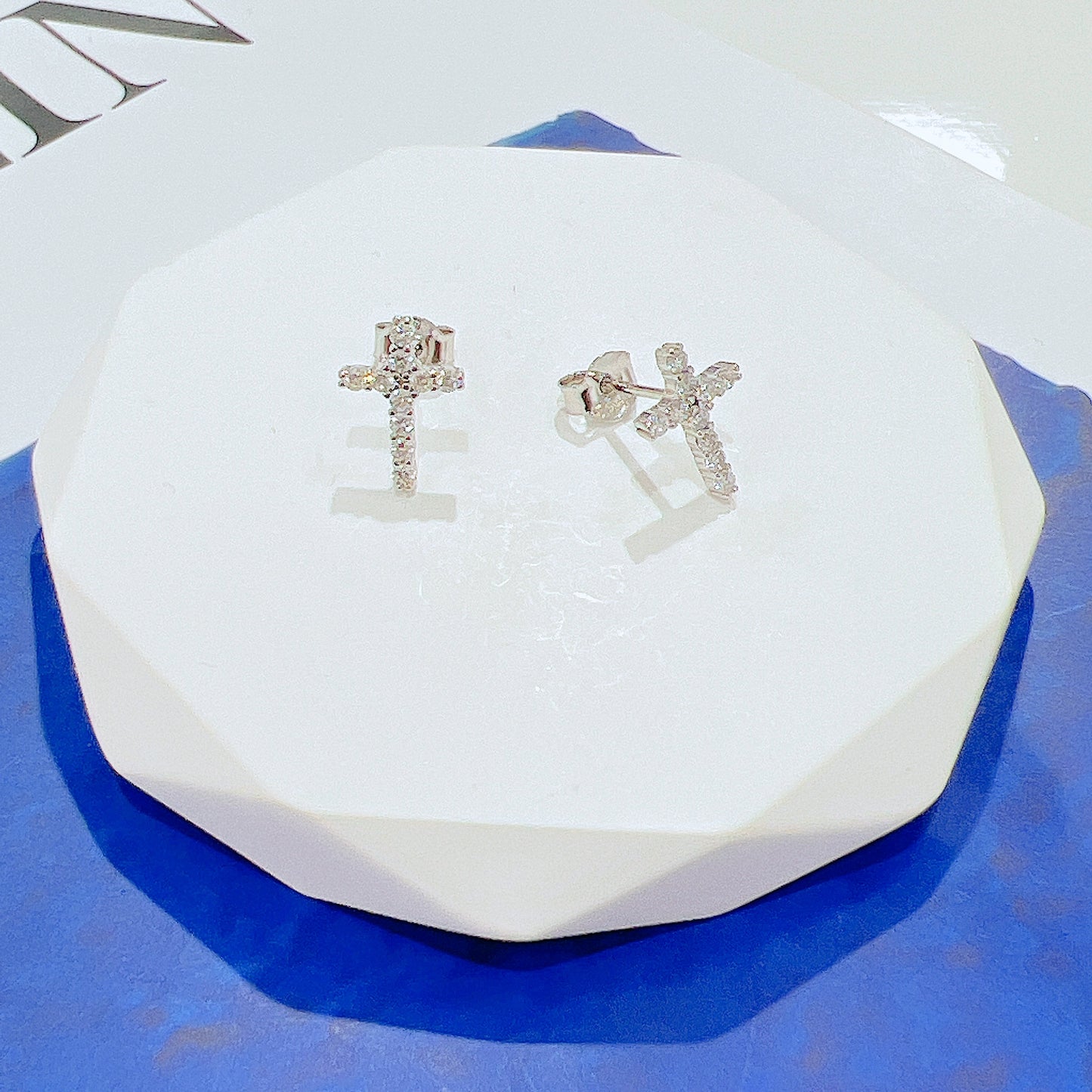 White zircon cross religion silver 925 earrings