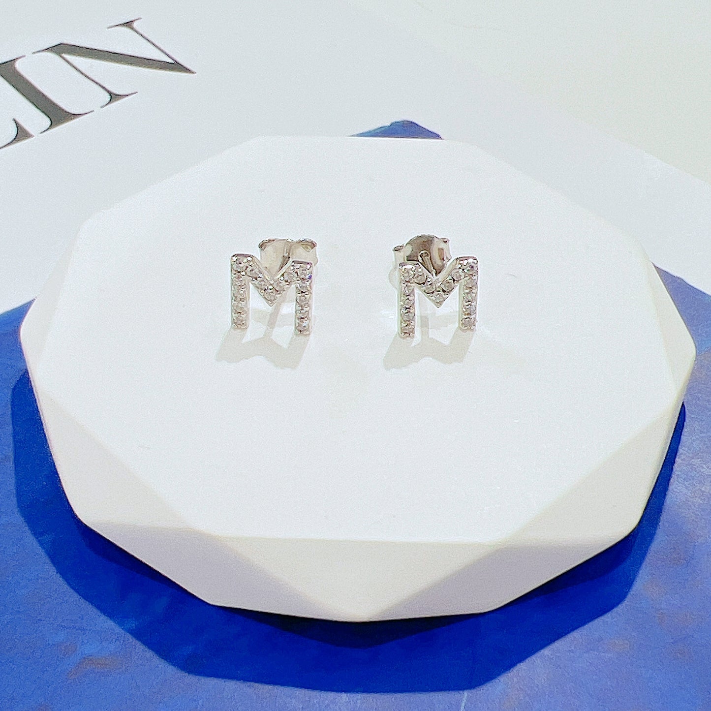 White Zircon Letter M Stud Earrings