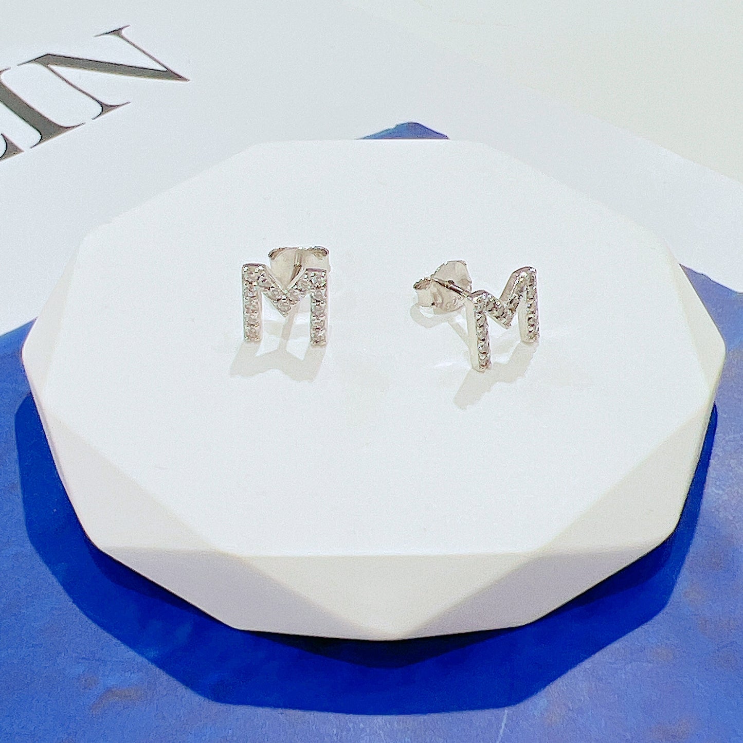 White Zircon Letter M Stud Earrings