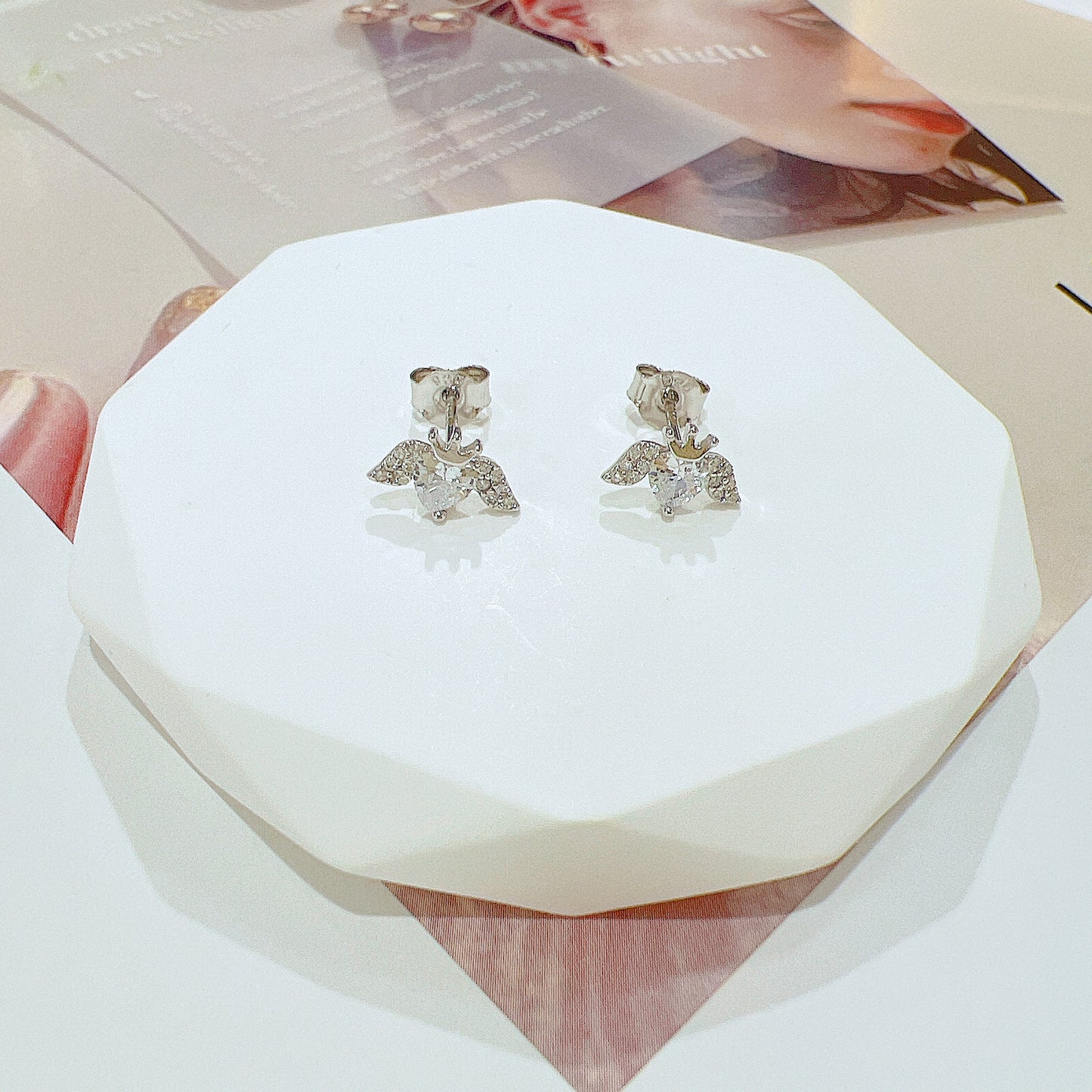 White zircon heart with wings and crown silver 925 jewelry earrings