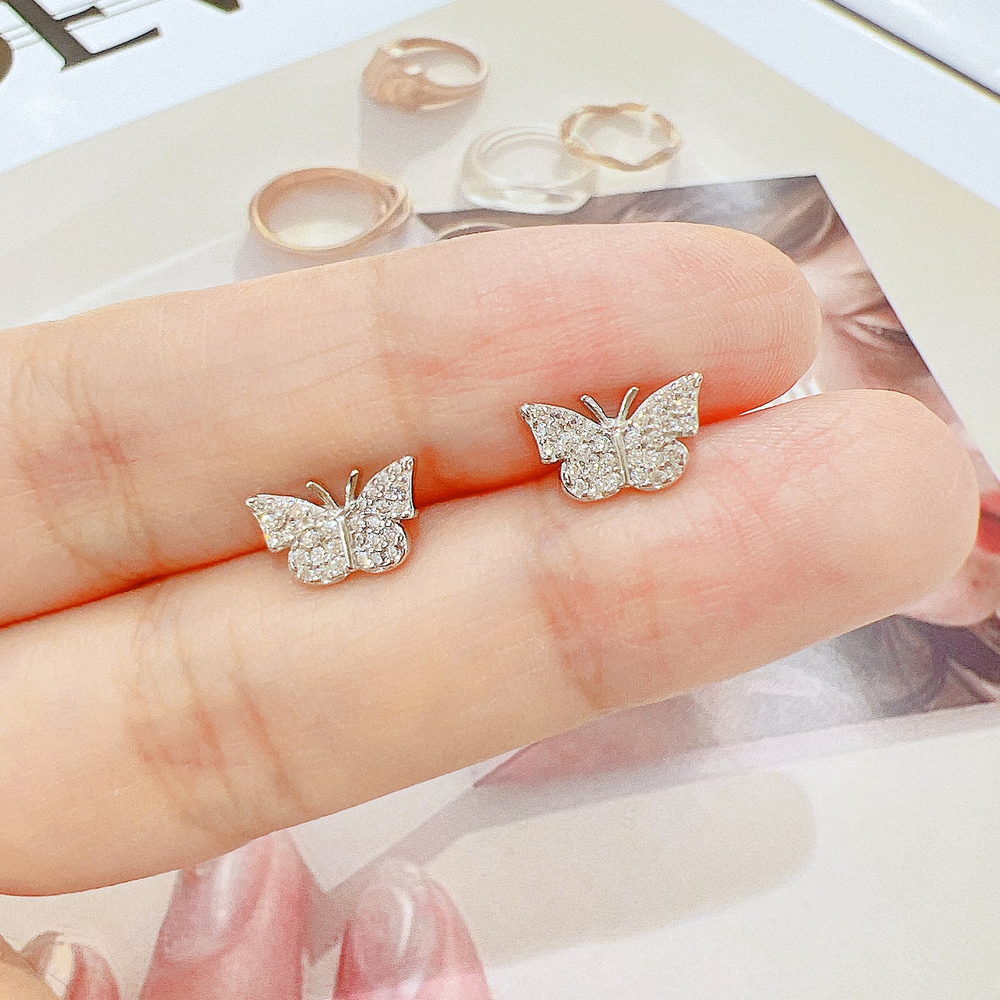 White zircon butterfly shaped silver 925 jewelry earrings