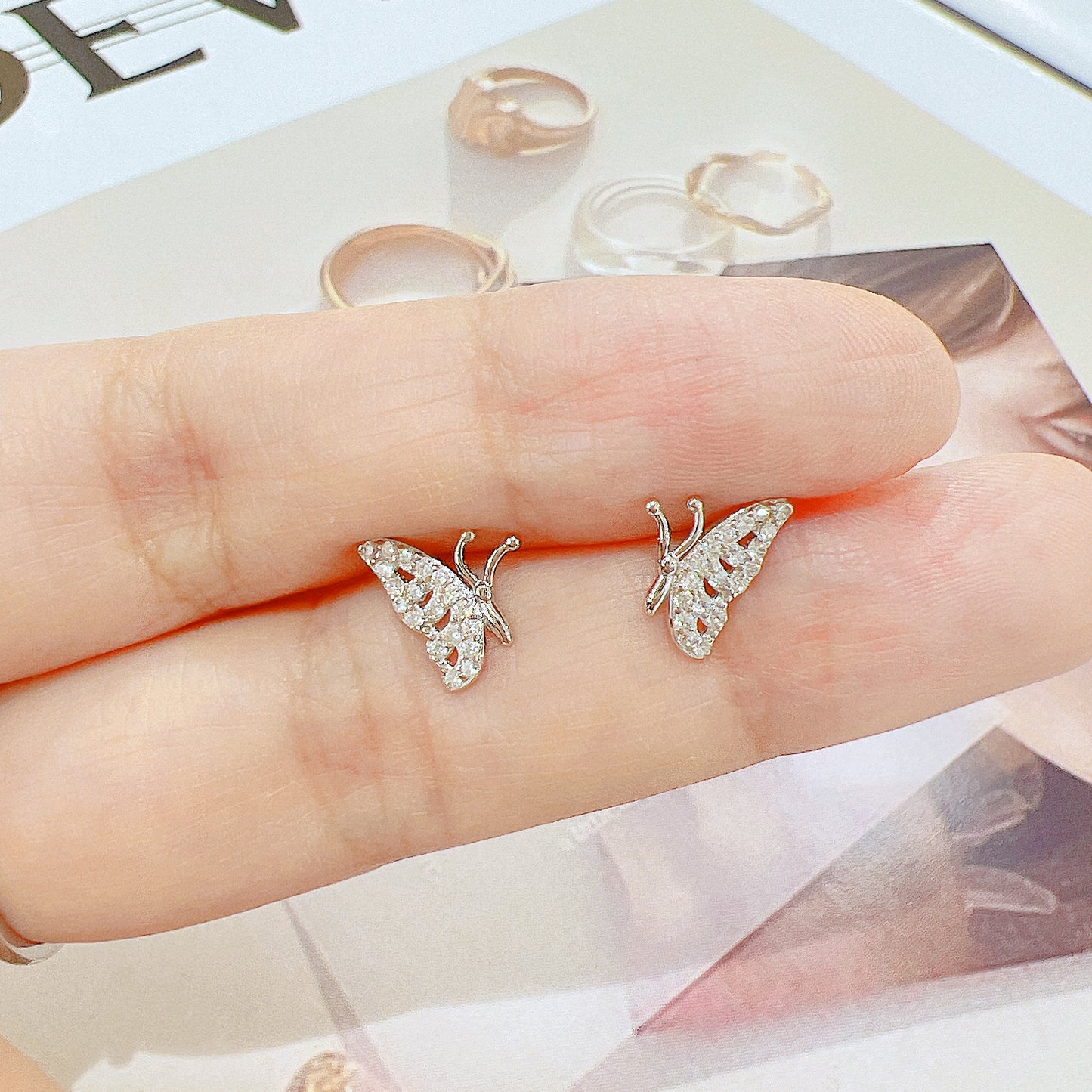 White zircon butterfly shaped silver 925 jewelry earrings