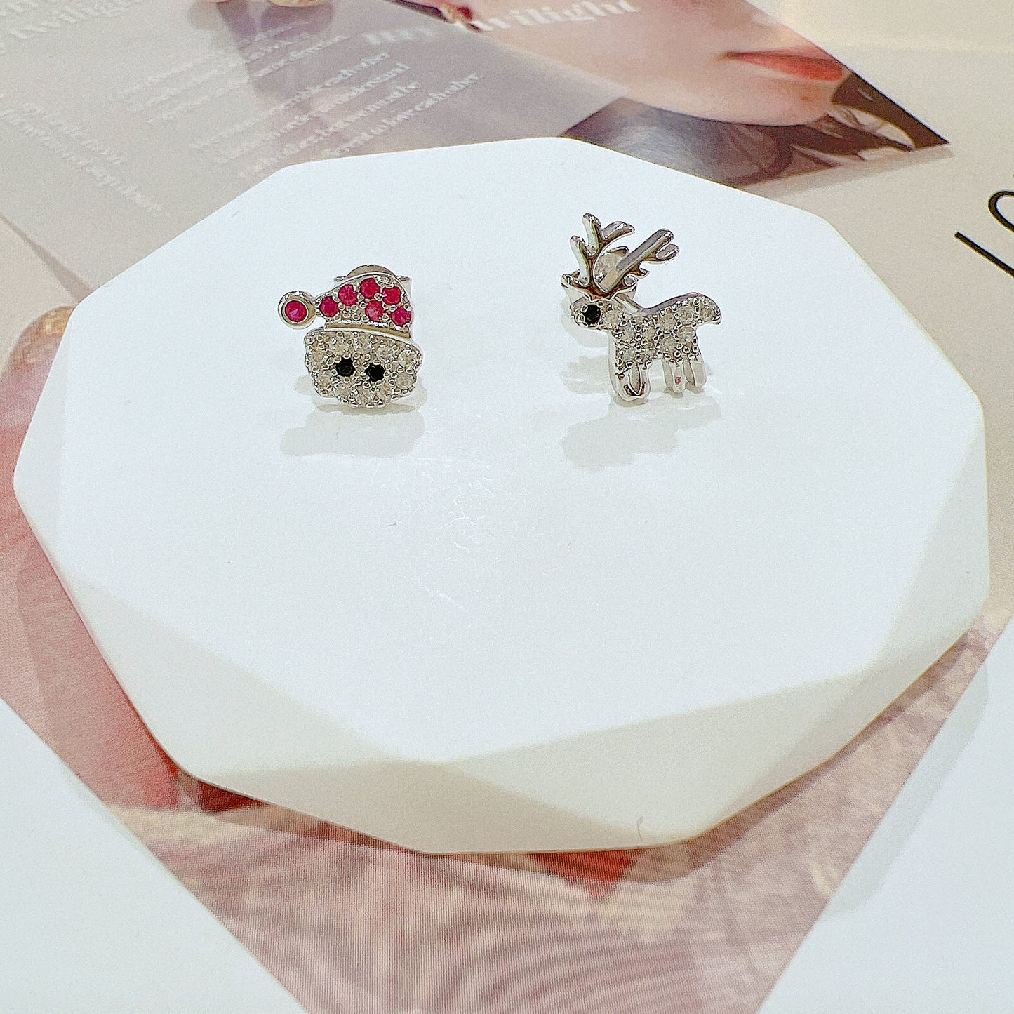 Ruby black and white zircon santa claus deer chrismas winter silver 925 earrings