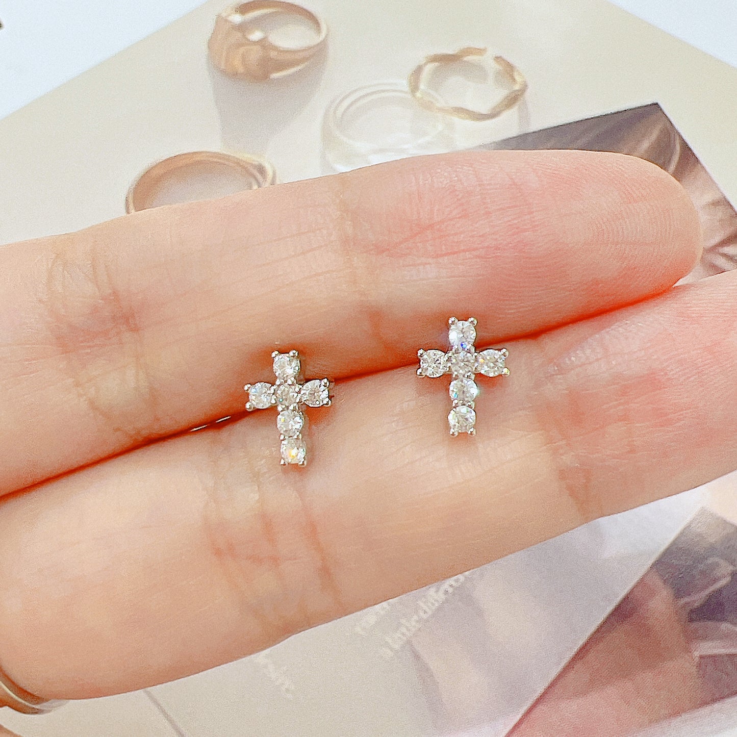 White zircon cross shaped religion silver 925 jewelry earrings