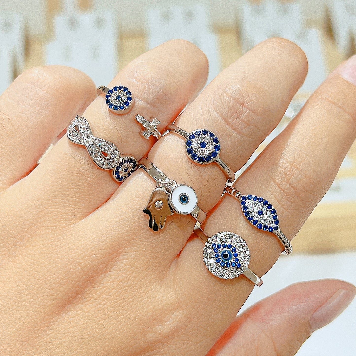 Sapphire and white zircon dark blue enamel round shape evil eye silver 925 ring