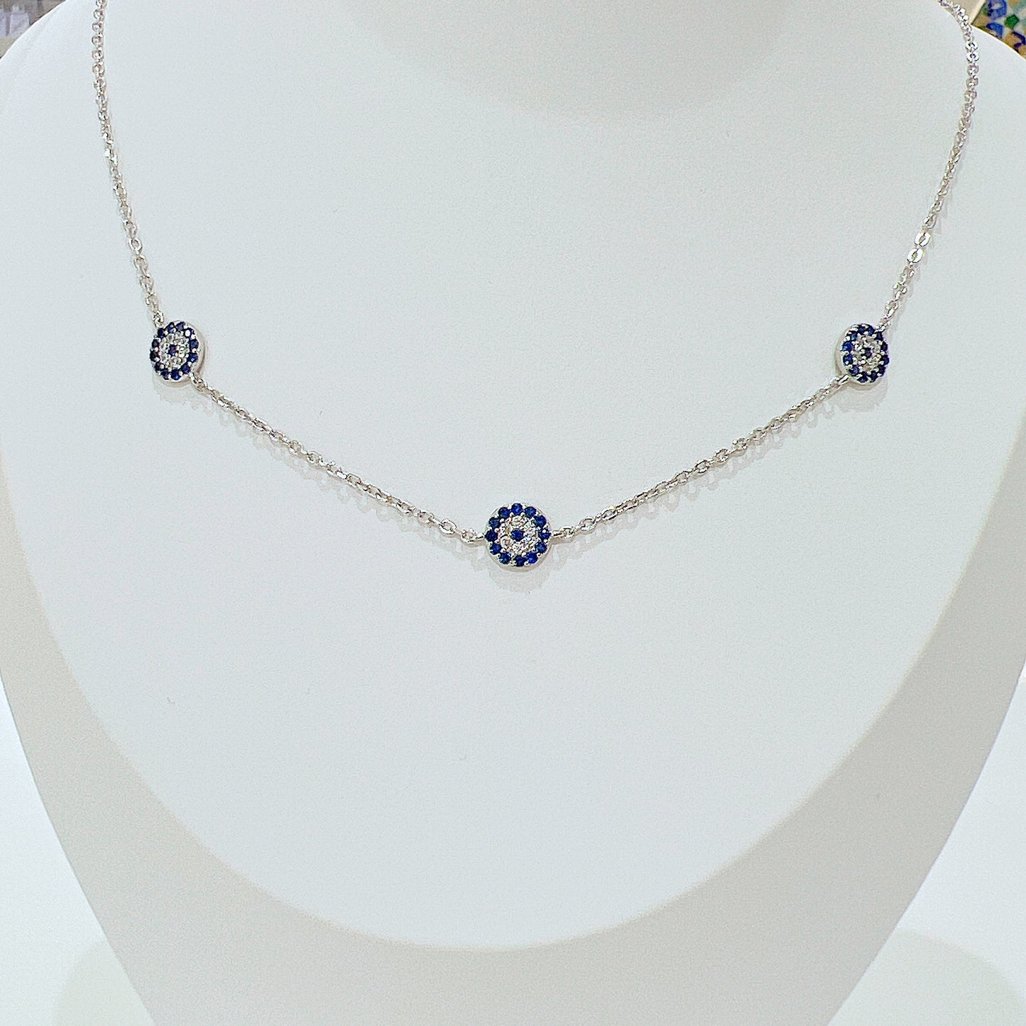 Sapphire and white zircon 8mm round shape 3 evil eyes silver 925 necklace