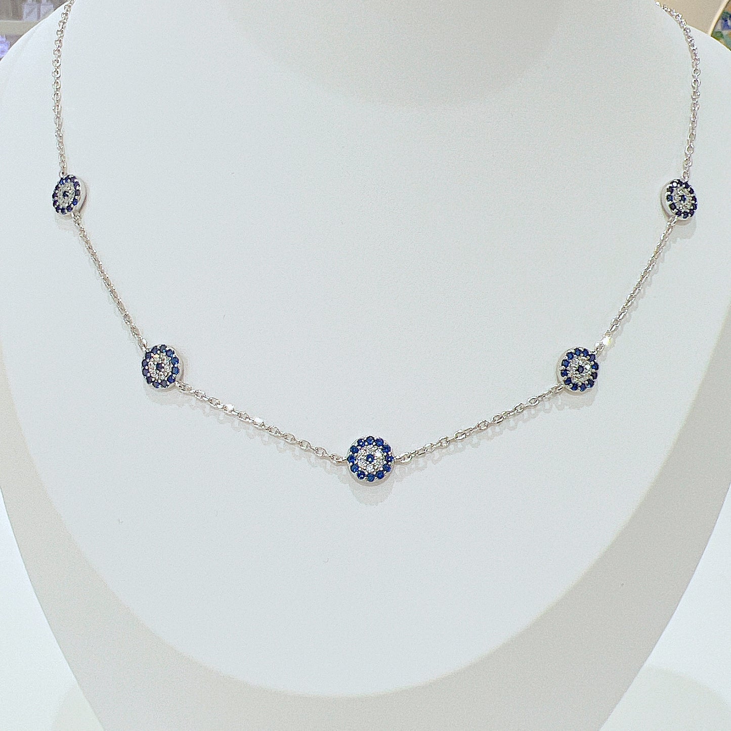 Sapphire and white zircon 8mm round shape 5 evil eyes silver 925 necklace