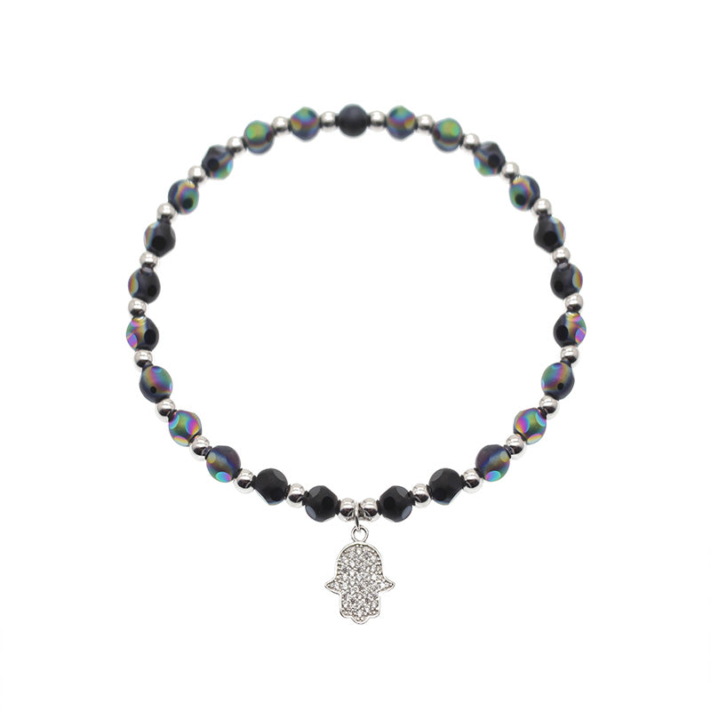 Hamsa hand charm changable purple silver beads 925 silver elastic bracelet