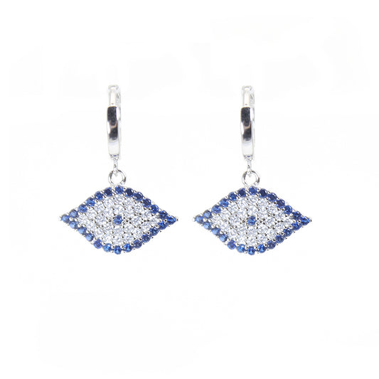 Sapphire and white zircon marquisee evil eye silver 925 huggie earrings