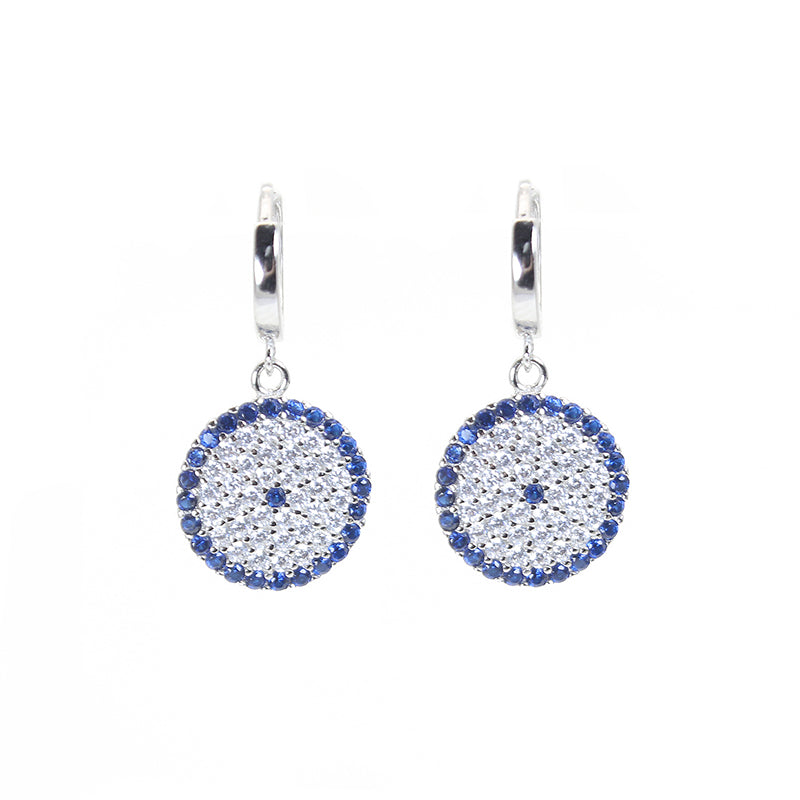 Sapphire and white zircon round shape evil eye silver 925 huggie earrings