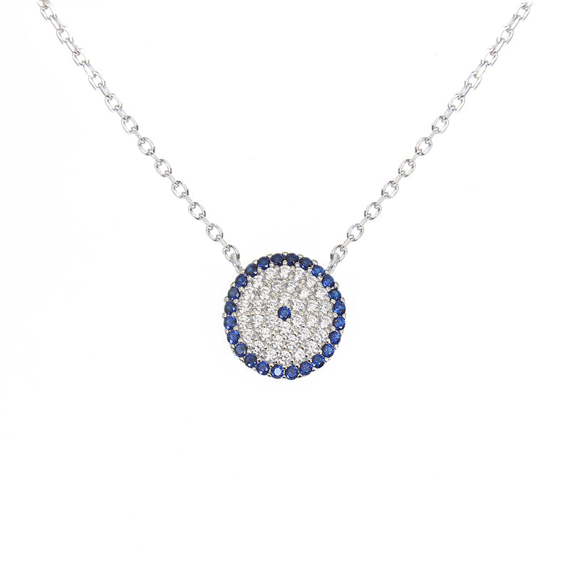 Sapphire and white zircon 13mm round shape evil eye silver 925 necklace