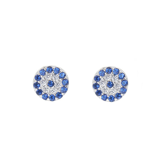 Sapphire and white zircon 6mm round shape evil eye silver 925 earrings