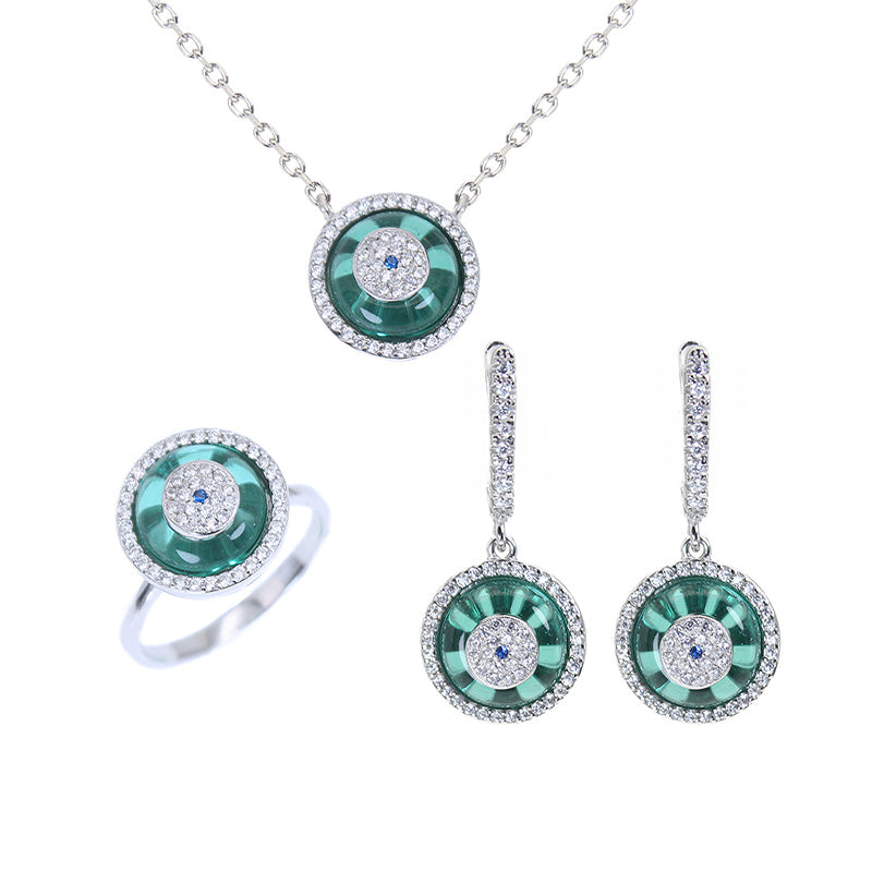 Sapphire and white zircon dark blue ring round evil eye silver 925 jewelry necklace ring earrings set