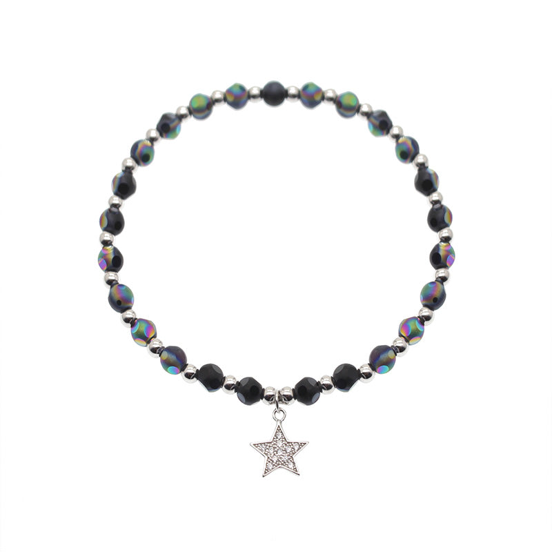 Star charm purple beads 925 silver elastic bracelet