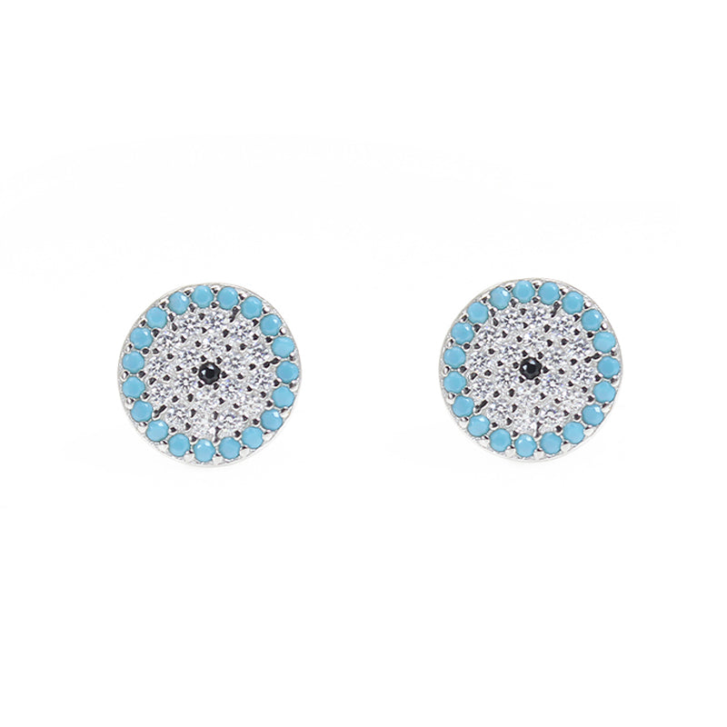 Turquoise black and white zircon 10mm round shape evil eye silver 925 earrings