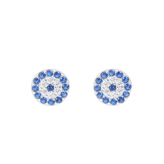 Sapphire and white zircon 8mm round shape evil eye silver 925 earrings